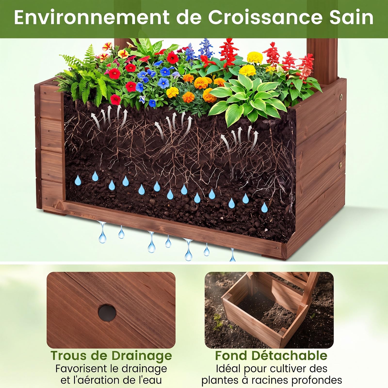 COSTWAY Arche de Jardin en Bois de Sapin, avec 2 Bacs à Fleurs | Pergola Extérieur Toit Suspensions, Treillis Latéral pour Plantes Grimpantes, Décoration Entrée Patio, 208 x 55 x 220 cm