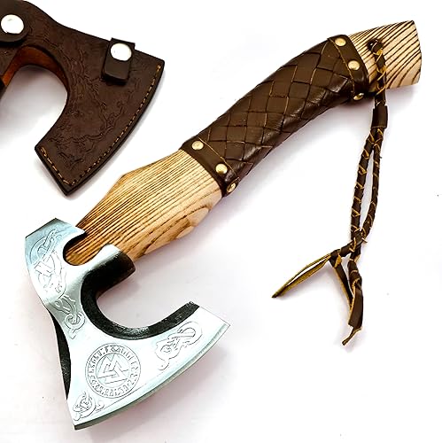 Hacha barbuda de acero al carbono forjado a medida, estilo vikingo, hacha real, hacha para lanzar y acampar con envoltura de cuero, el mejor regalo