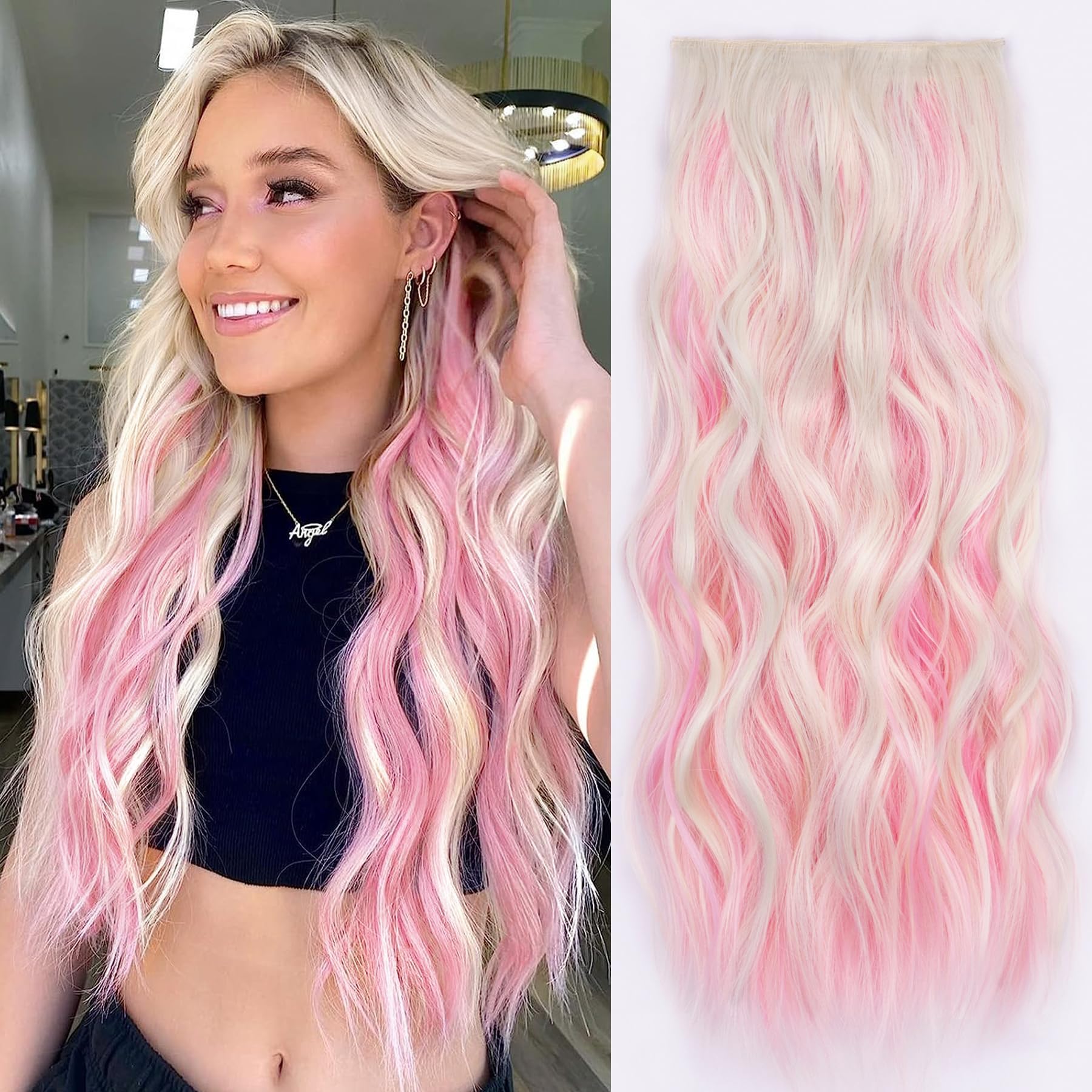 ALXNAN Clip in Long Wavy Hair Extension 20 Inch Blonde Pink Hair Extensions 4PCS Thick Hairpieces Fiber Double Weft Hair for Women