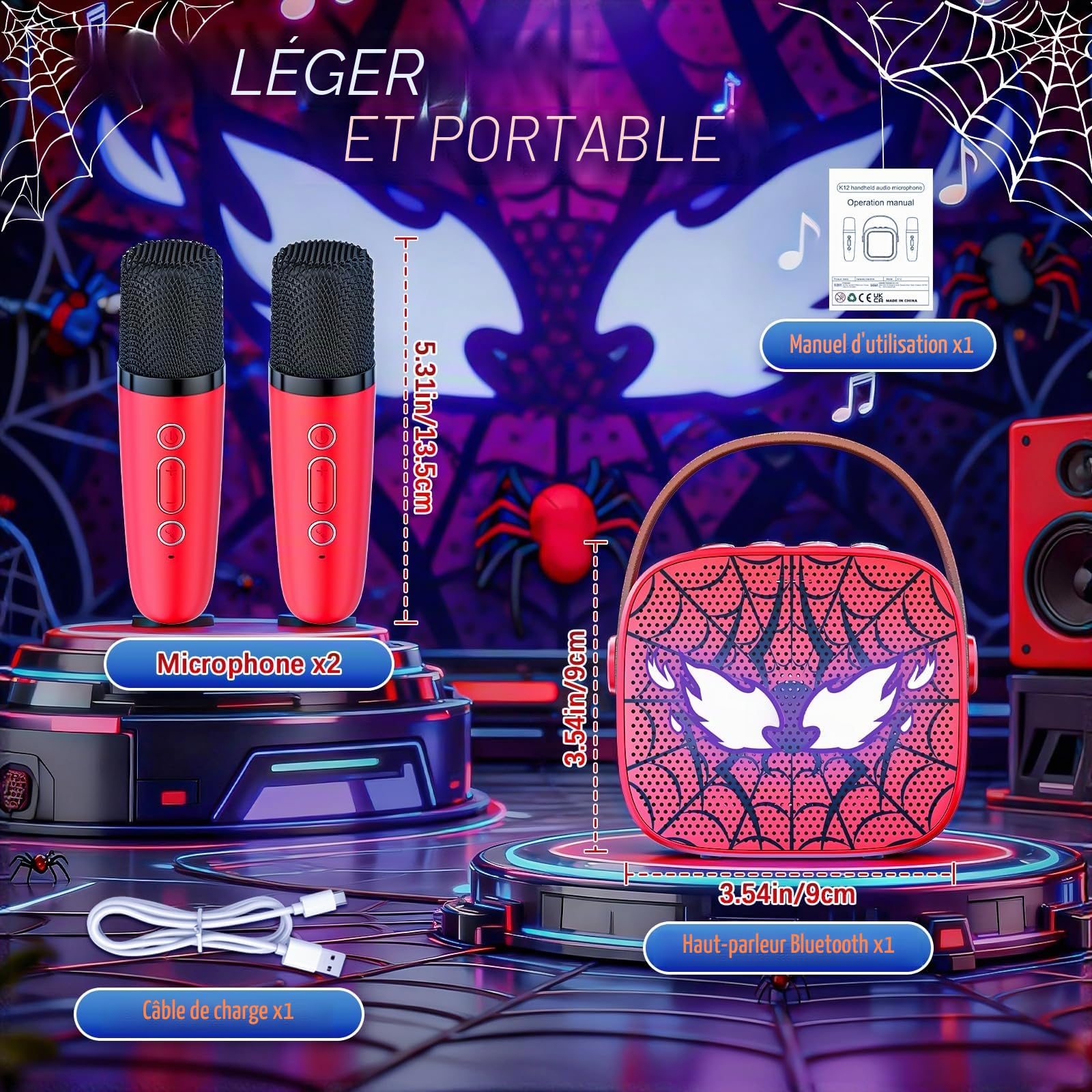 Spider Micro Karaoke Enfant, Jouet Cadeau Garcon Fille 3 4 5 6 7 8 9 10 11 12 Ans, Micro Karaoké Enfant pour Chanter avec 2 Microphone sans Fil Bluetooth, Cadeau Anniversaire Noël Garcon(Rouge)