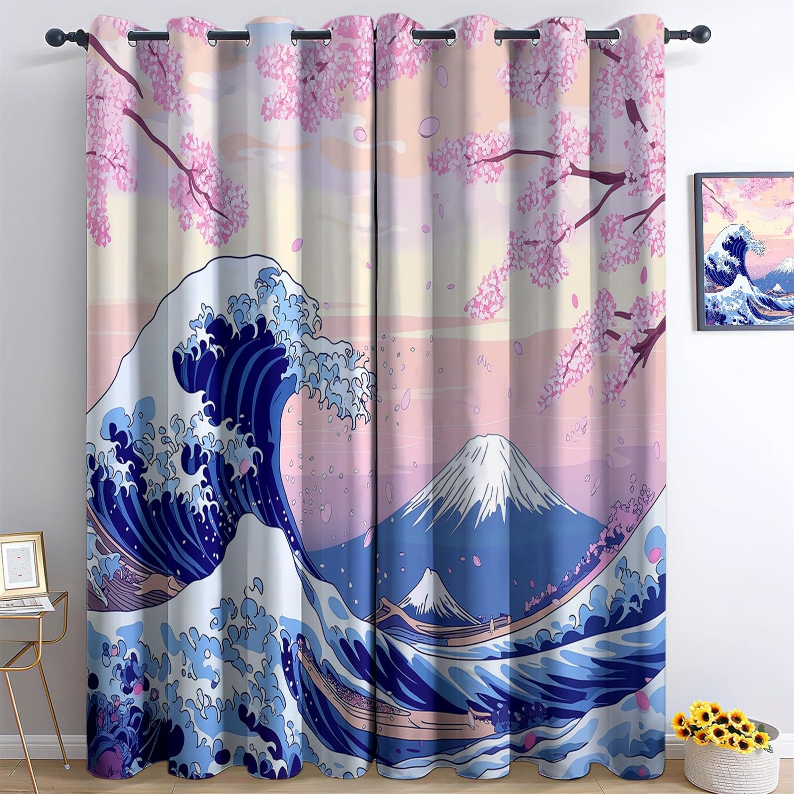 Blackout Curtains, Home Decoration Eyelet W 46" x L 54" (2 Panels) Thermal Insulated Curtains Japanese Style Waves Cherry Blossoms Printed for Girls Bedroom Navy Blue Pink