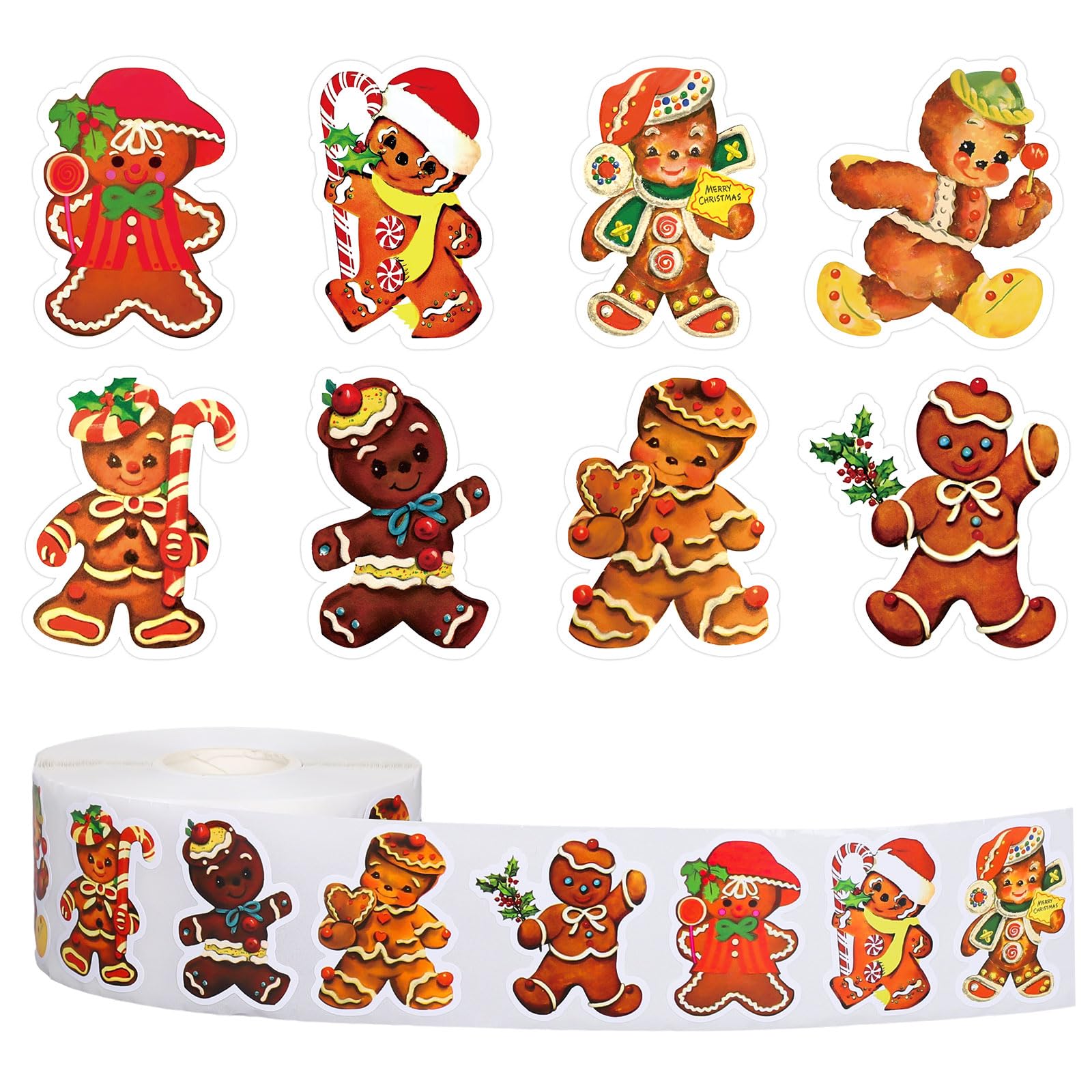Whaline 1000Pcs Christmas Stickers Roll Self-Adhesive Vintage Gingerbread Man Label Stickers Decal for Xmas Holiday Party Favor Decor, 8 Designs