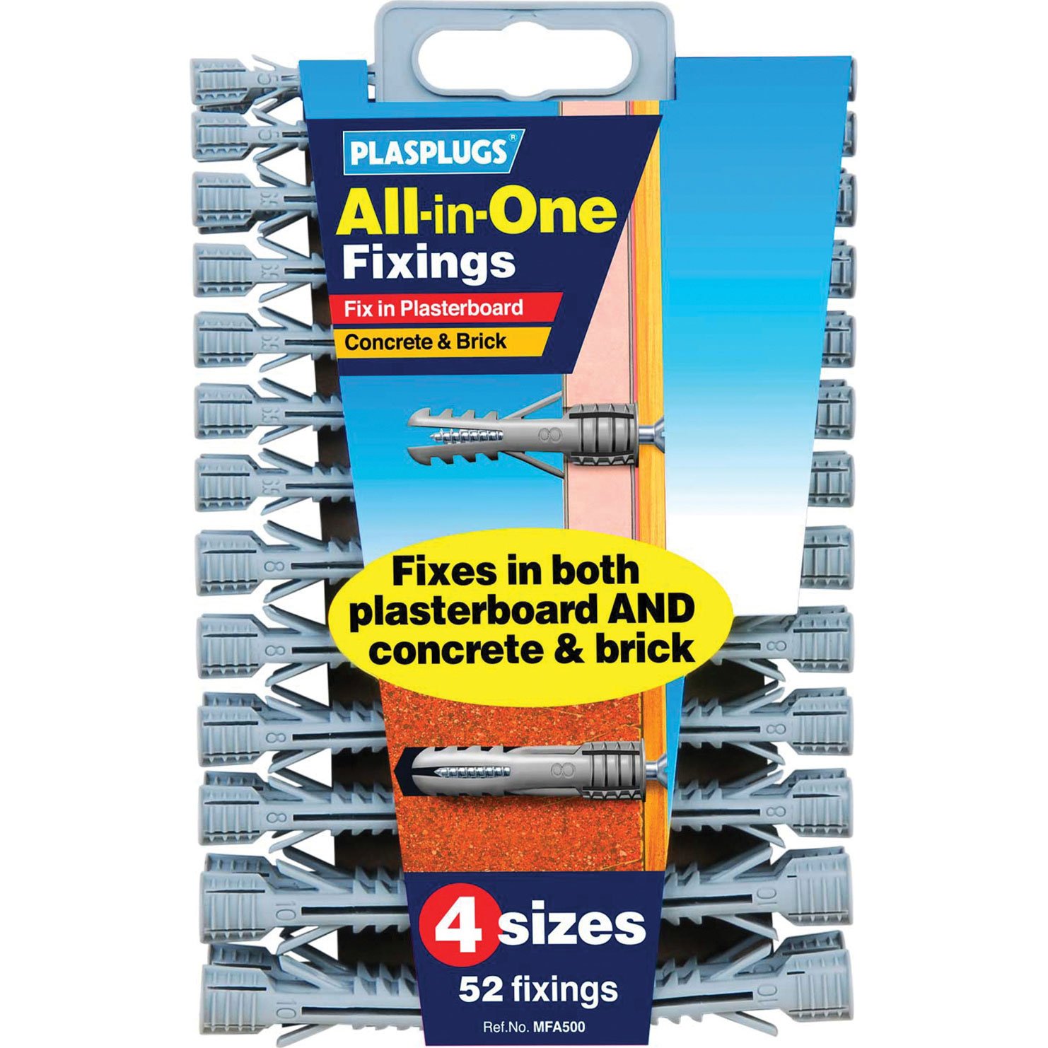 Plasplugs All in One Fixings for Plasterboard, Concrete & Brick Assorted Sizes 5mm - 10mm Pack of 52