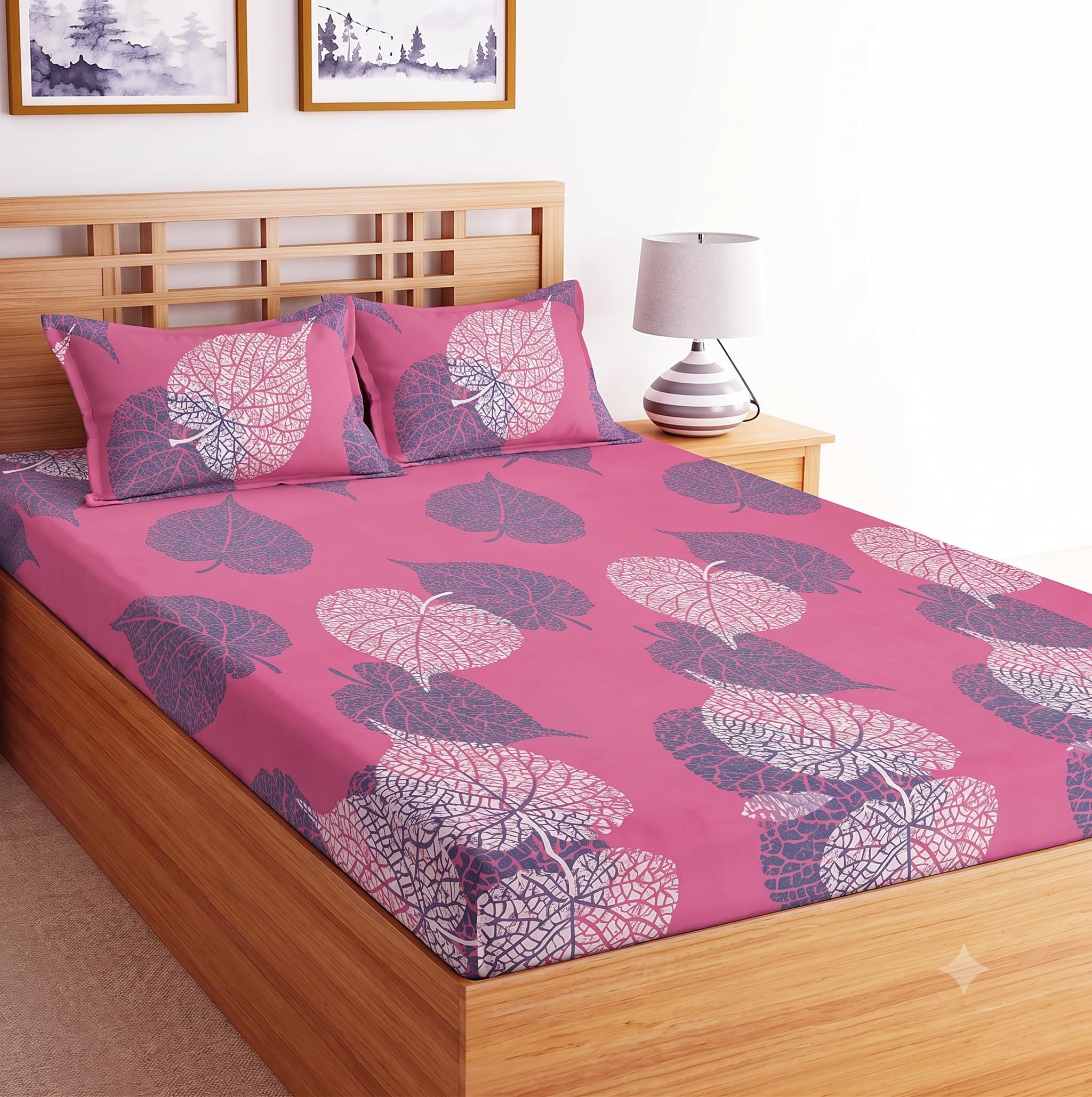 YORIK 144 TC Polycotton Double Bed Bedsheet Size-(85x95 Inches) with 2 Pillow Cover, Wrinkle Free and Durable-(Paan-Leaf Design). (Pink)-image-19