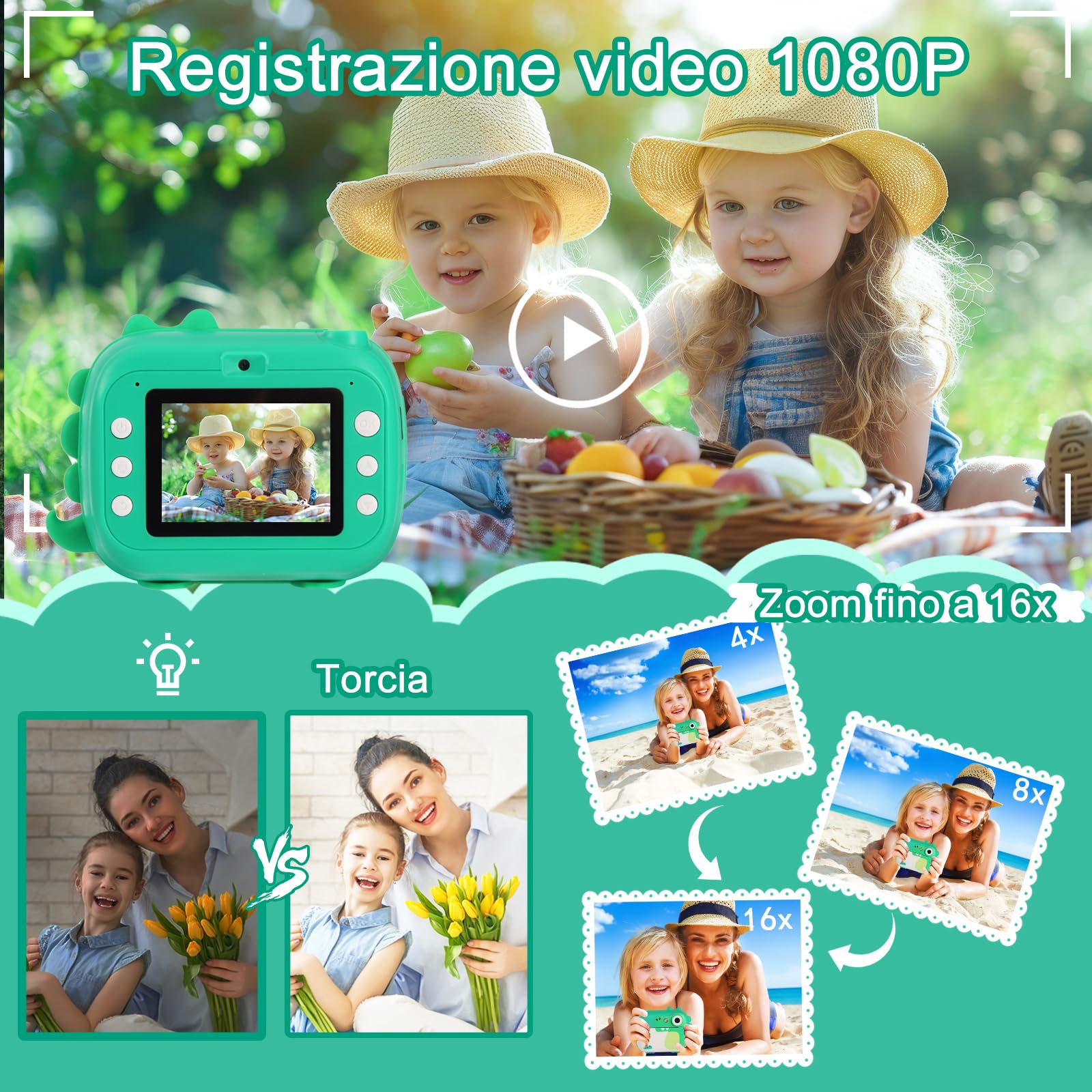 ARNSSIEN Macchina Fotografica Bambini Istantanea, Fotocamera Digitale per Bambini con Video HD per Ragazzi e Ragazze dai 3-12 anni, Regalo per Natale e Compleanni, con 7 Rotoli di Carta da Stampa.