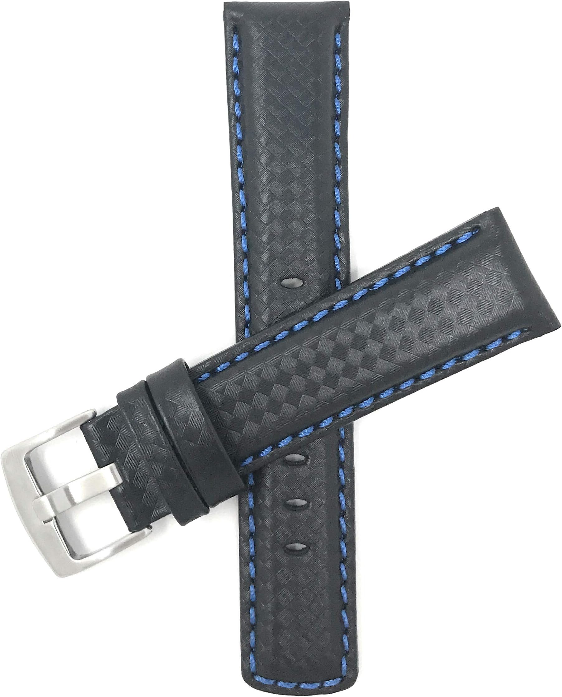 Bandini Mens Carbon Fiber Leather Watch Band Straps, Black with Colored or White Stitch, 18mm, 20mm, 22mm, 24mm