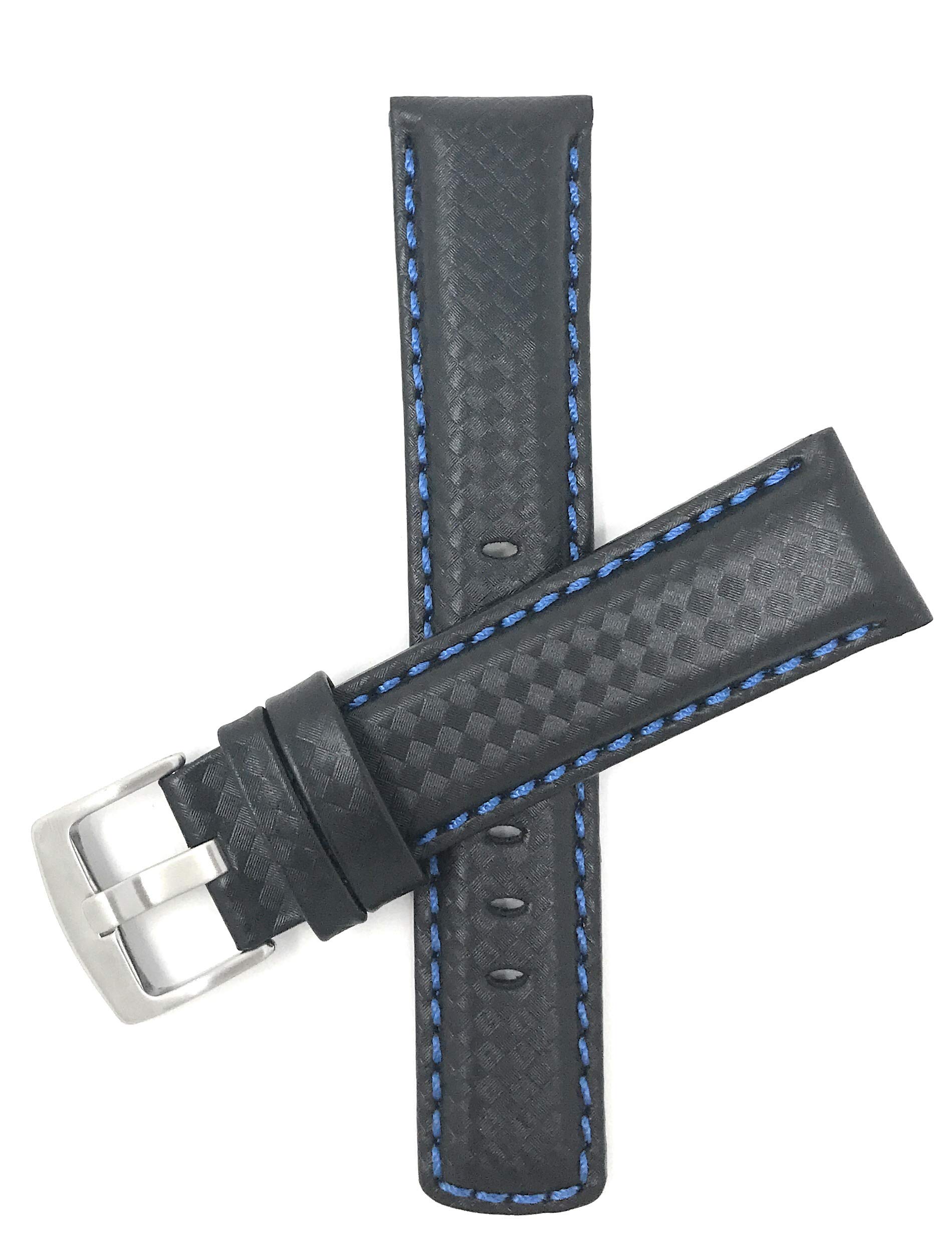 Bandini 22mm Mens Italian Leather Watch Band Strap - Carbon Fiber - Black with Blue Stitch
