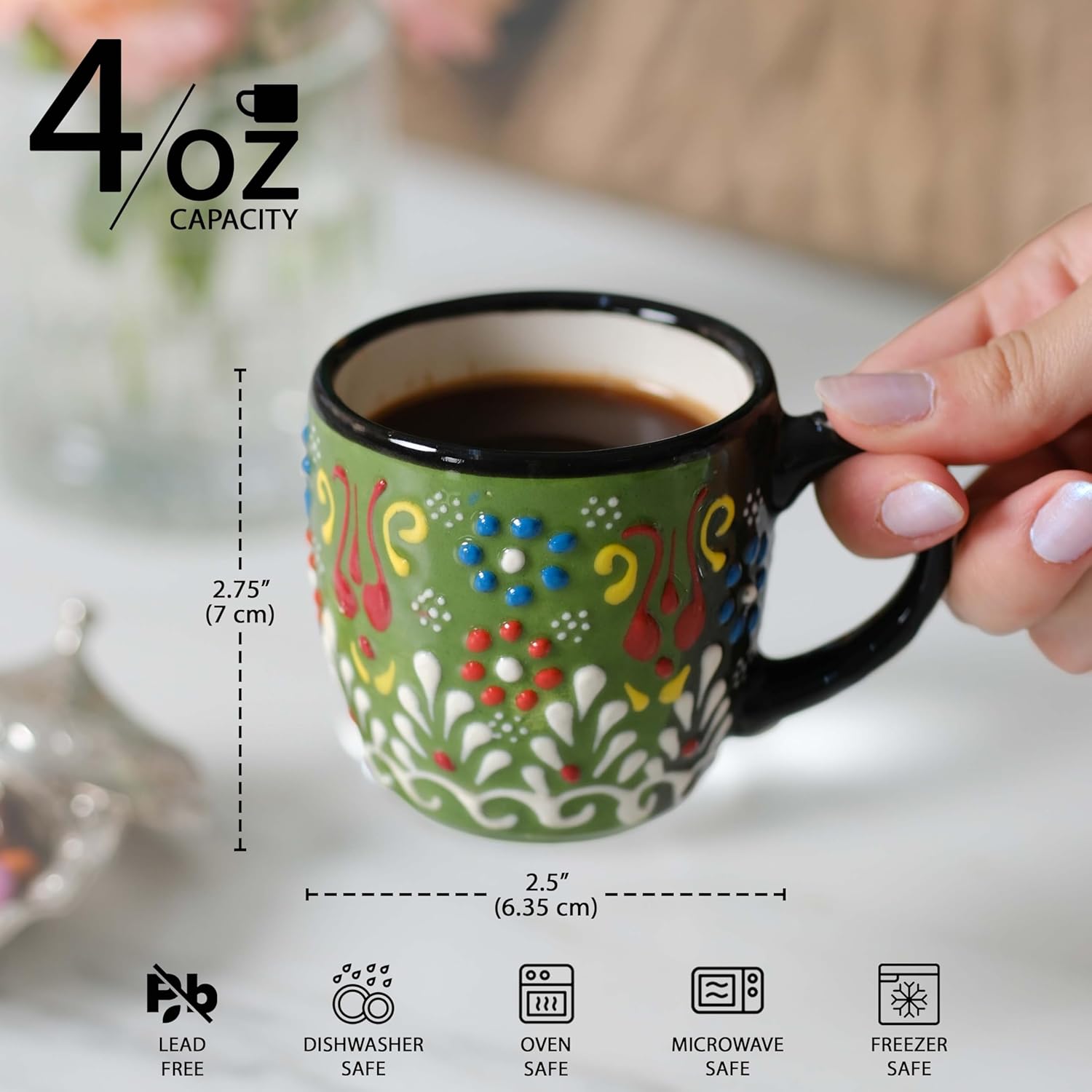 Espresso Cups Set of 2 | 4 oz Small Espresso Cups | Turkish Tea Cups | Demitasse Mugs with Handle | Modern Stackable Ceramic Espresso Mugs Set (Green/Blue) - Image 3