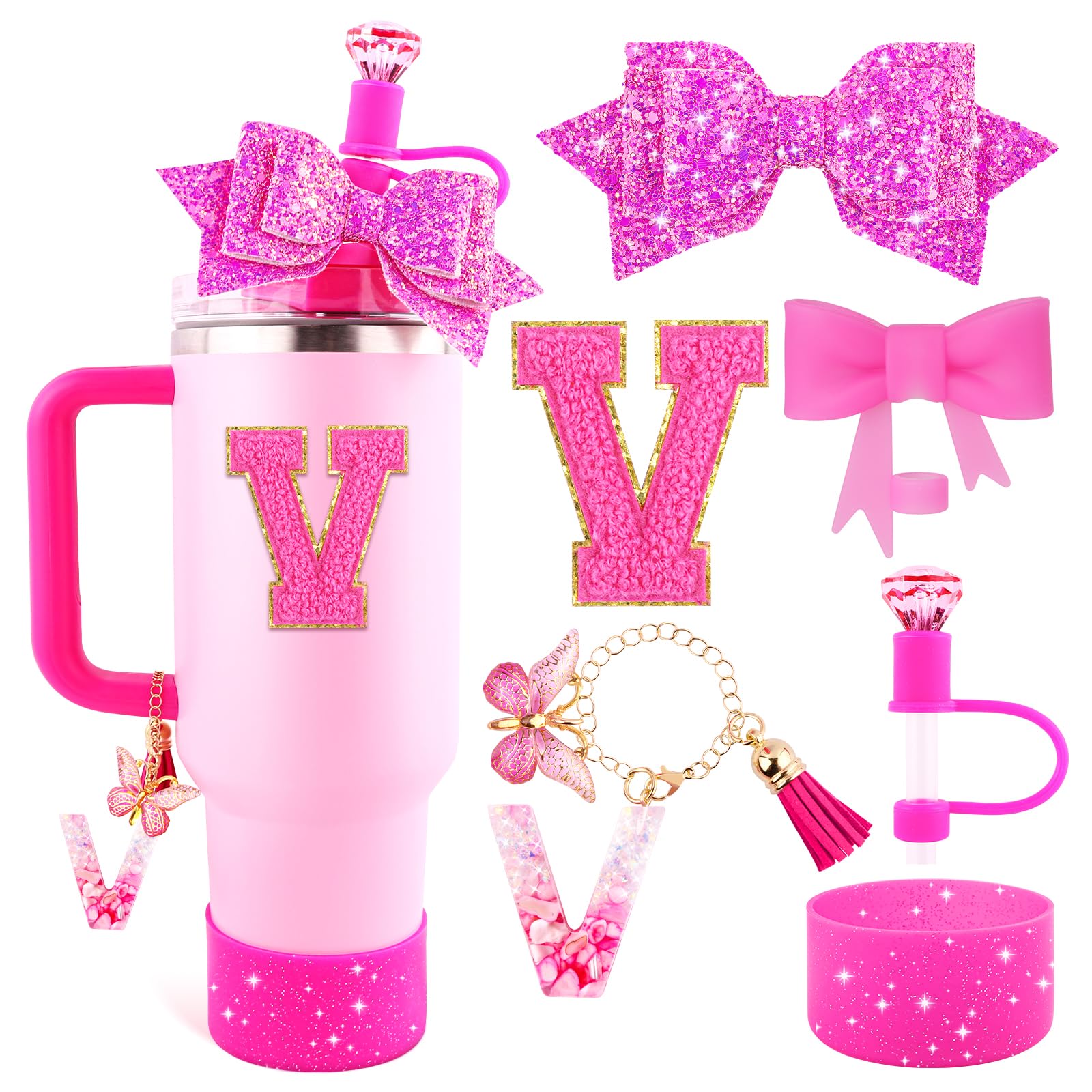 Lingdeer Rose Pink Cup Accessories Set for Stanley 30OZ&40OZ Tumbler with Handle, Letter Charms, Bow & Diamond Straw Covers, Glitter Silicone Boot, Personalized Sticker for Stanley Cup Accessories (V)