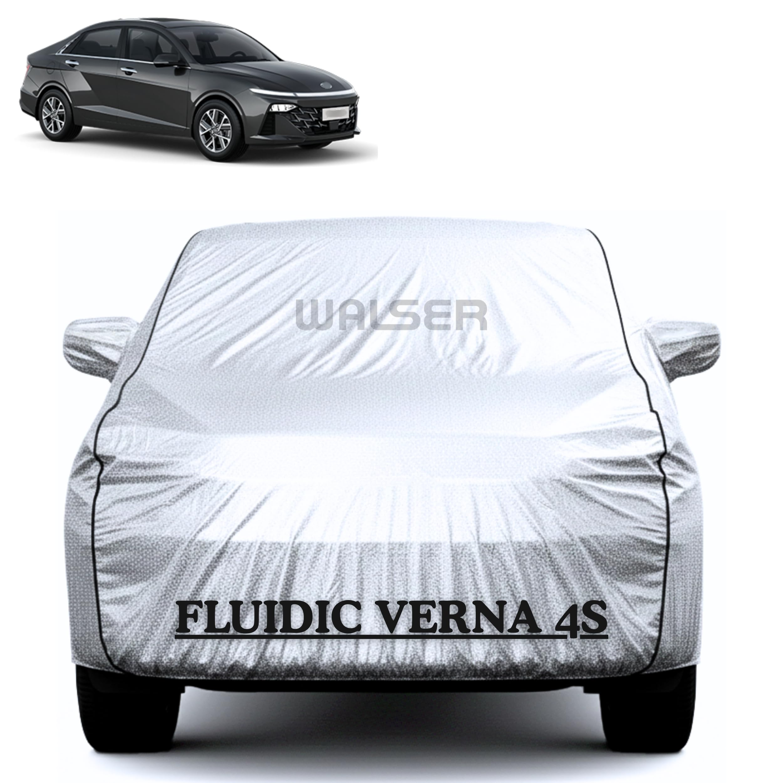 Waterproof Car Cover for Hyundai Fluidic Verna 4S | Full Body Protection | Dust Proof, UV & Scratch Resistant Inner Cotton | Triple Stitched | Elastic & Belt Fit | Mirror & Antenna Pocket | Silver