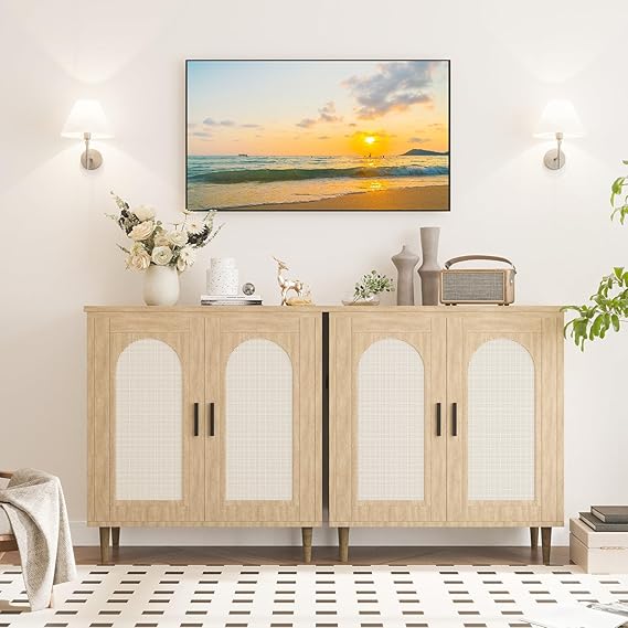 GarveeHome Sideboard Buffet Kitchen Storage Cabinet with Rattan, Solid Wood Feet for Living Room, Hallway, Entryway, Cabinet with Ample Storage Space (Natural, 2 pcs)