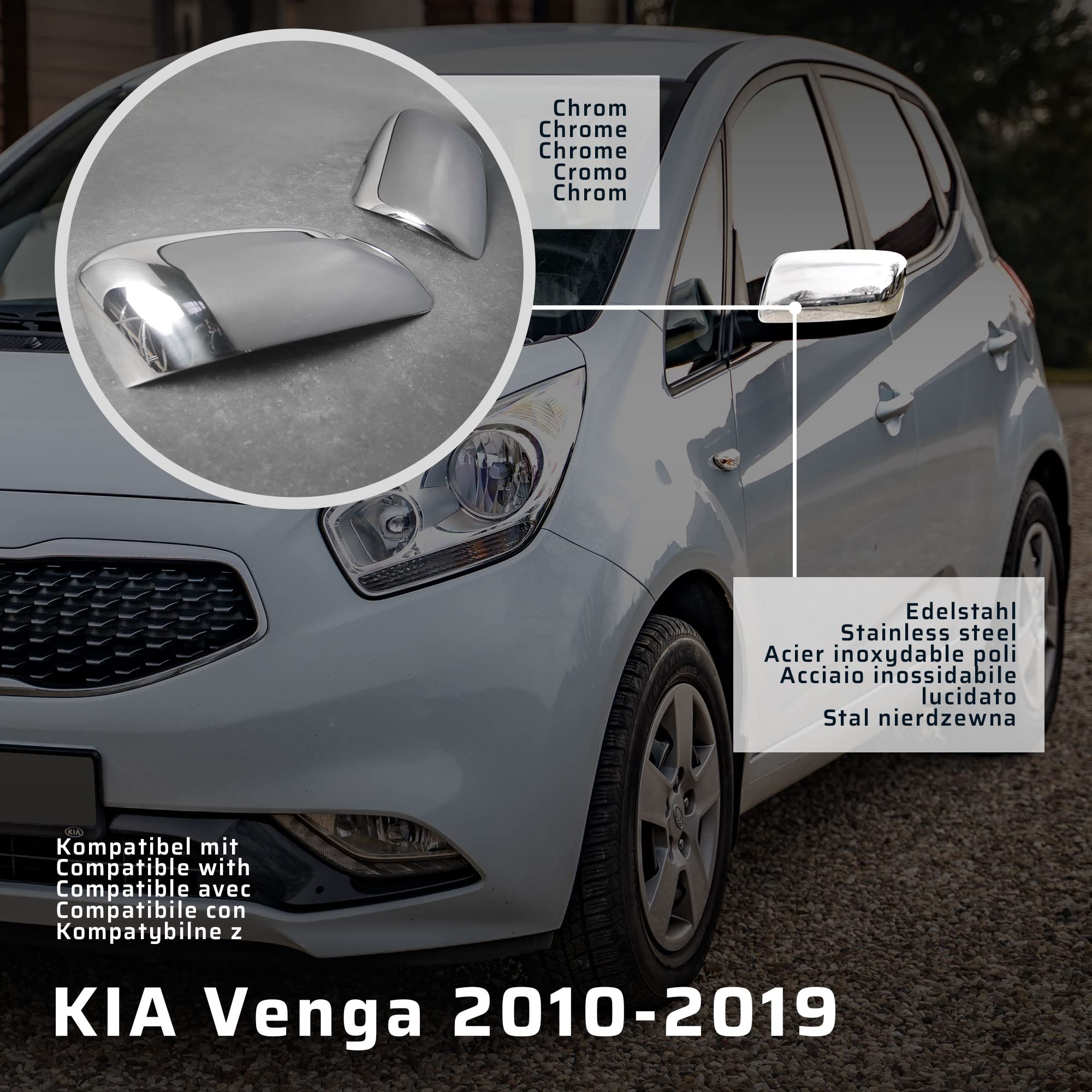CHROMEMASTER | Nakładki na Lusterka Zewnętrzne | Kompatybilne z KIA Venga 2010-2019 | Stal nierdzewna; Osłony Lusterek to Niepowtarzalny Wygląd Auta i Ochrona Przed Uszkodzeniem