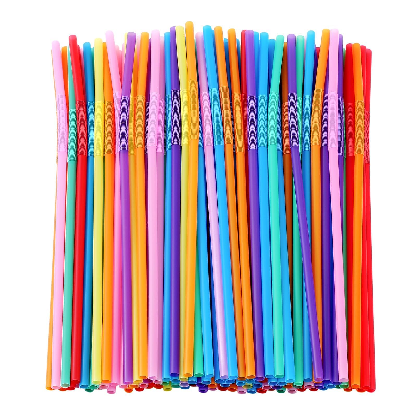 Photo 1 of [100 Pack] 10.24" High Extra Long Flexible Plastic Straws, Disposable Drinking Straws, Colorful Bendy Straws - Assorted Colors