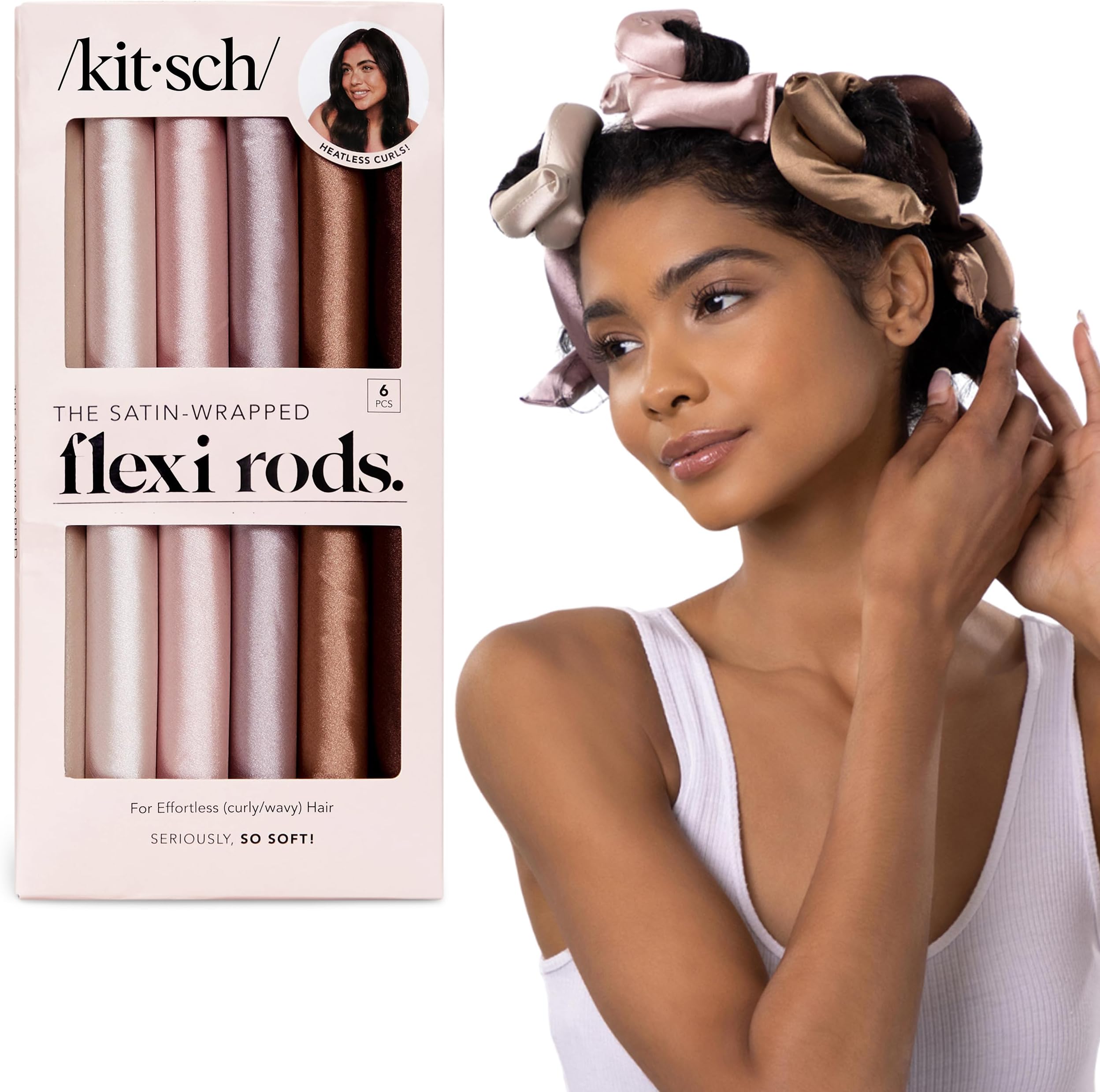 Kitsch Satin Hair Curlers, Heatless Curling Rod - Flexi Rod for Heatless Curls Overnight for Women, Comfortable Hair Curlers to Sleep In for Frizz-Free, No Heat Damage Styling - 6 pcs, Rosewood