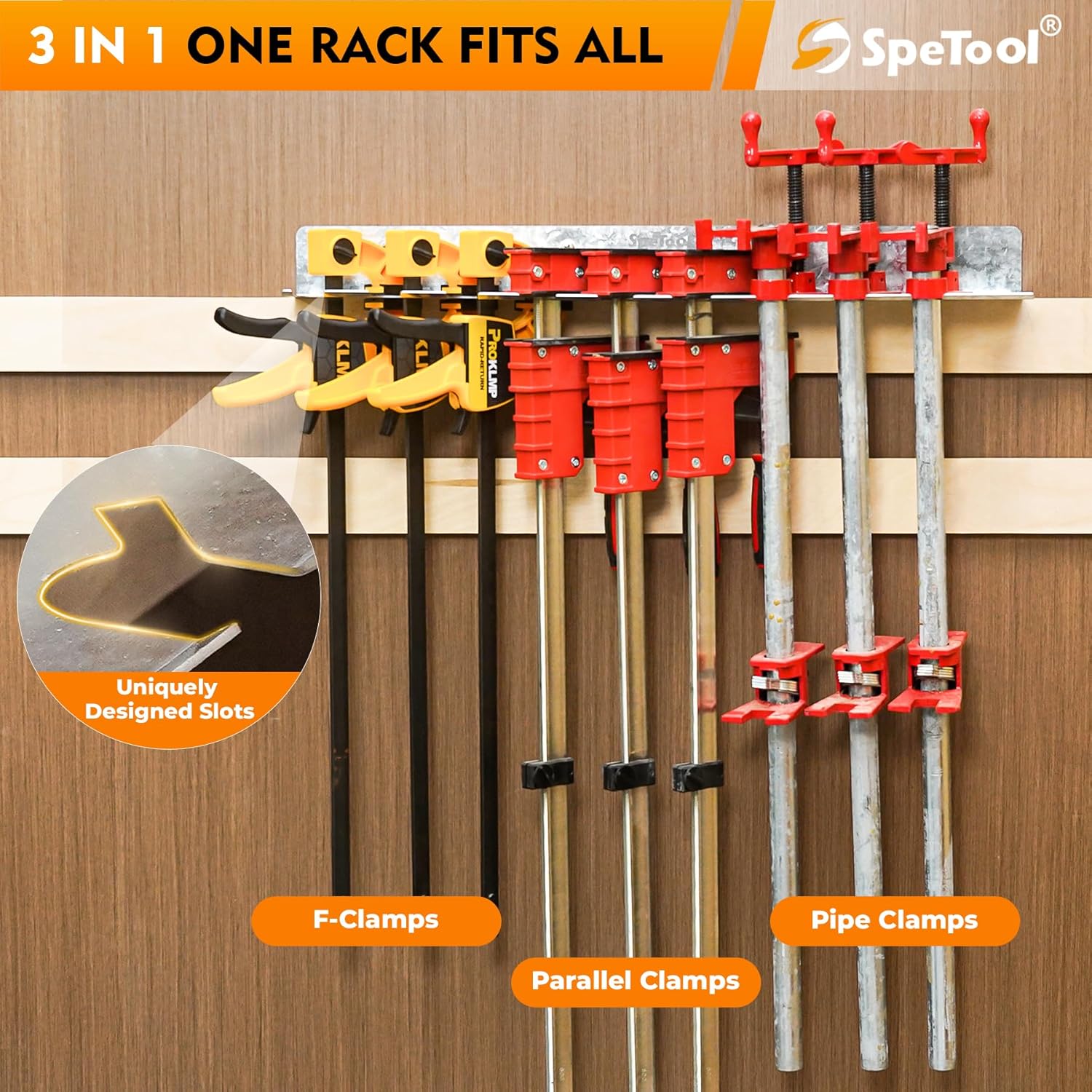 SpeTool Heavy-Duty 3-in-1 Clamp Rack for Parallel/Pipe/F Clamps– 1.5 mm Galvanized Steel Wall Mount Clamp Holder, 200LBS Load, Space-Saving Woodworking Tool Organizer&Storage