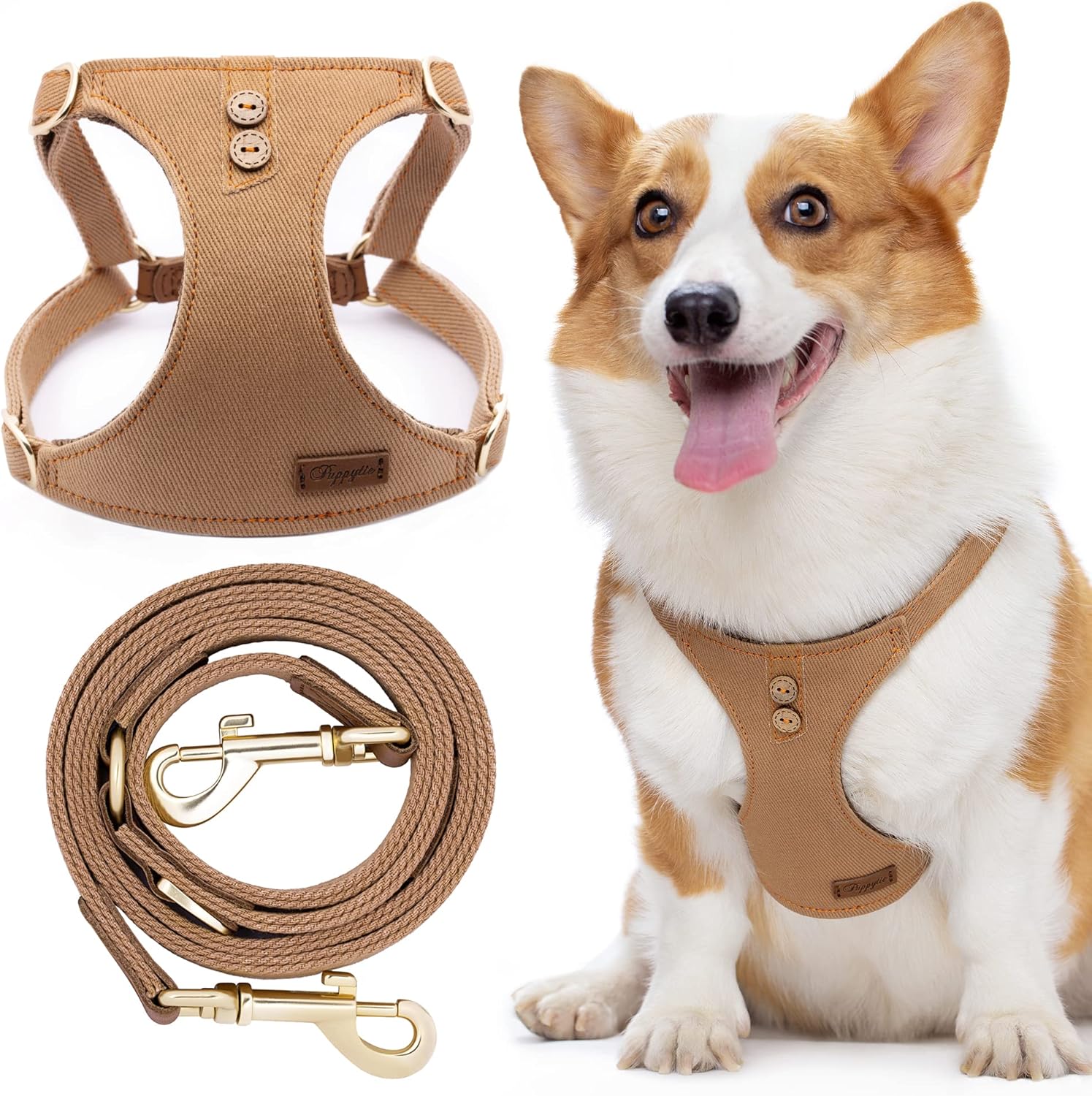 Puppytie Dog Harness with Multi-Functional Leash, No-Pull No-Choke Escape-Proof Dog Vest, Soft Breathable Step-in Pet Harness, Lightweight Comfortable for Medium Dogs, Denim Khaki Button-M （17-35lb）