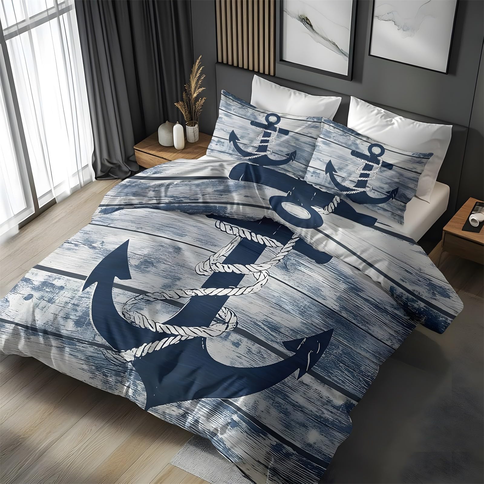 Ypthriline Small Single Duvet Cover Set Anchors Bedding Set Microfiber Dark Blue Duvet Covers with Pillowcases Reversible Bedding With Zipper Closure 120x150CM