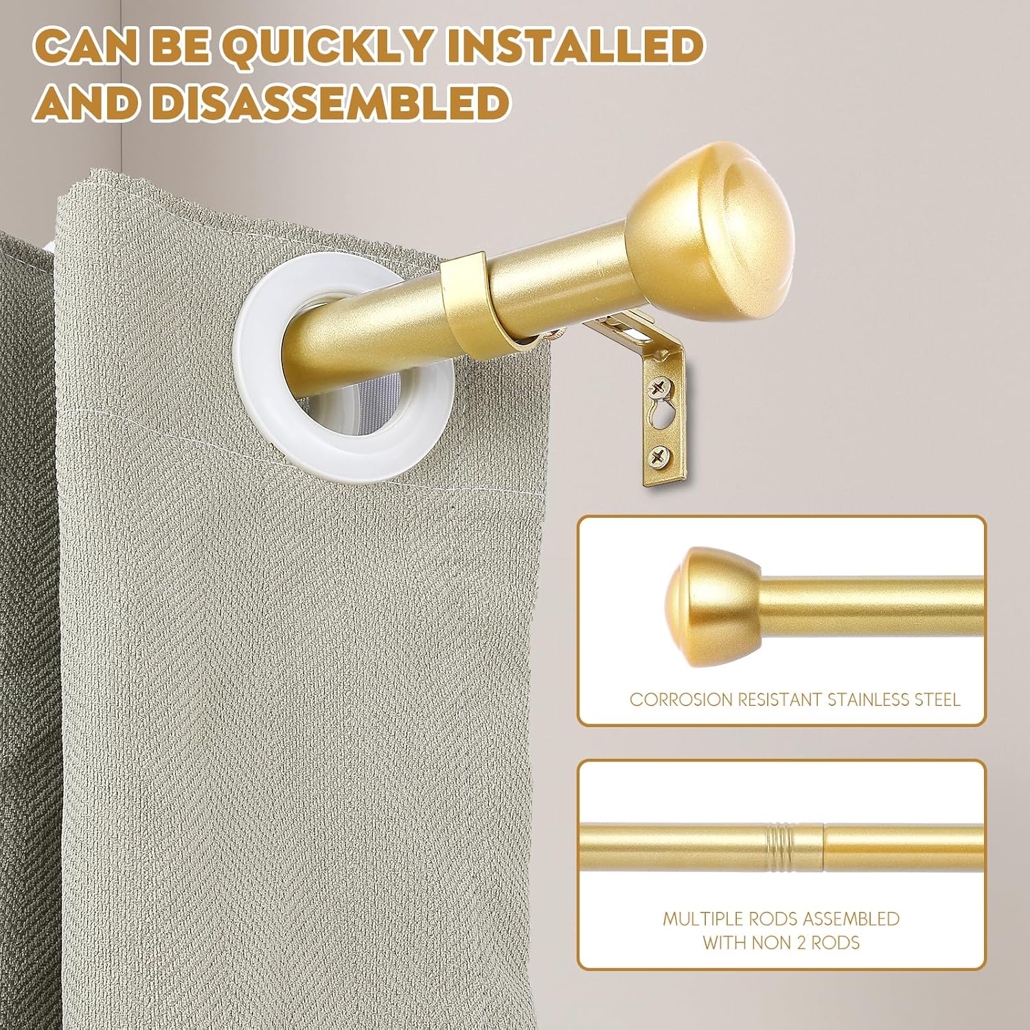 1 Inch Gold Curtain Rods for Windows 144-168 Inches - Heavy Duty Drapery Rods with Adjustable Rods and Ball Finials - Ideal Room Divider and Outdoor Rod,32"-168"