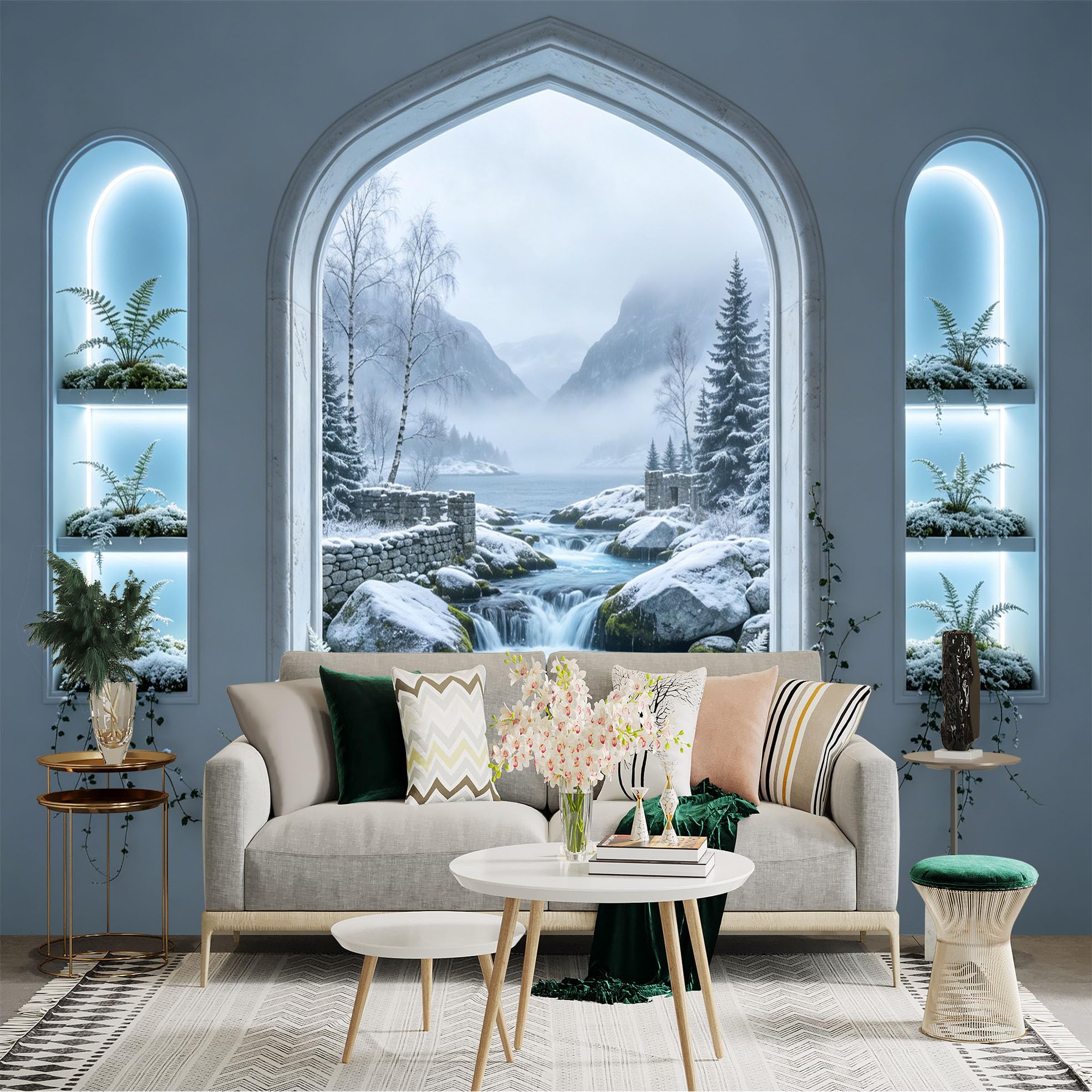 Custom Size Wall Sticker Mural， Winter Mountain River with Snowy Landscape and Frosted Trees， for wall Decoration， peelandstick wall Decals.