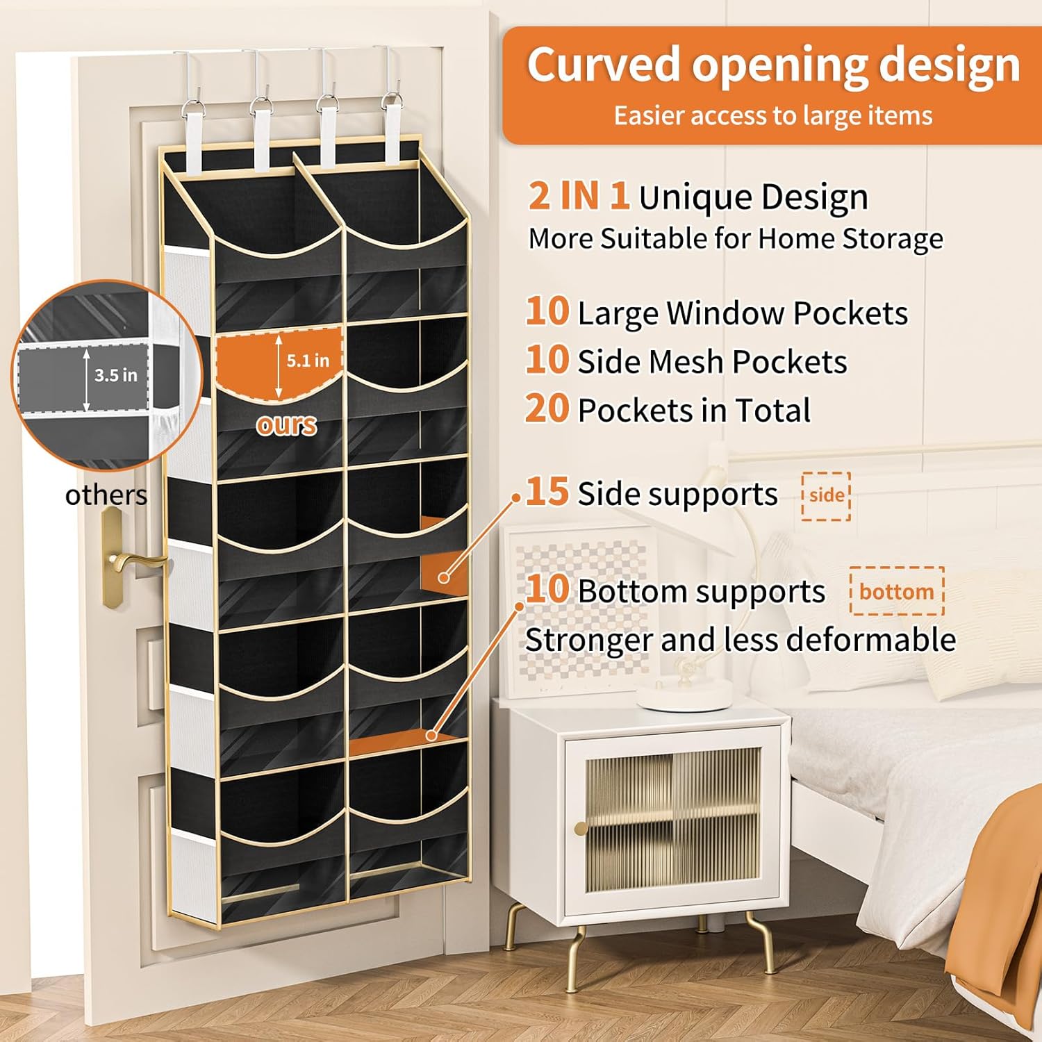 Aokeyee 5 Tiers Over the Door Storage Organizer, Behind Door Storage for Baby Nursery, 80lb Capacity Door Hanging Organizer with 10 Compartments & 10 Mesh Pockets for Closet, Bedroom, Bathroom, Toys - Image 4