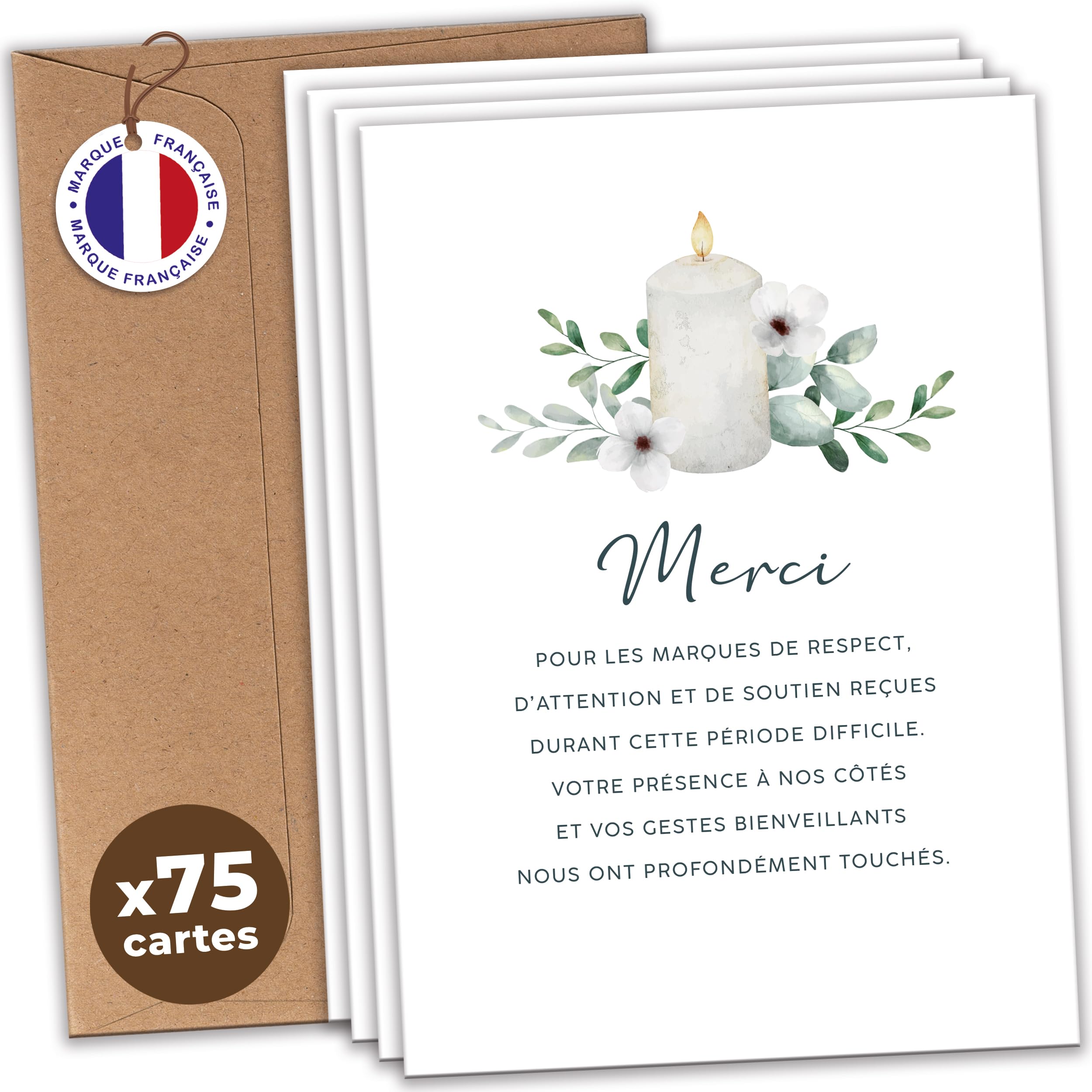 Tarjetas de agradecimiento (25/50/75 + sobres, papel 400 g, diseño sobrio, elegante, diseño de flores, vela estrella, marca francesa (75 unidades, vela)