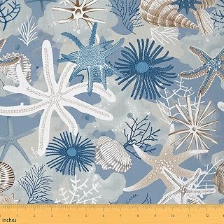 Coastal Style Starfish by The Yard,Conch Shell Coral Upholstery,Vintage Underwater Furnishing,Light Blue Gold Crafts & Sewing Supplies DIY,1 Yard