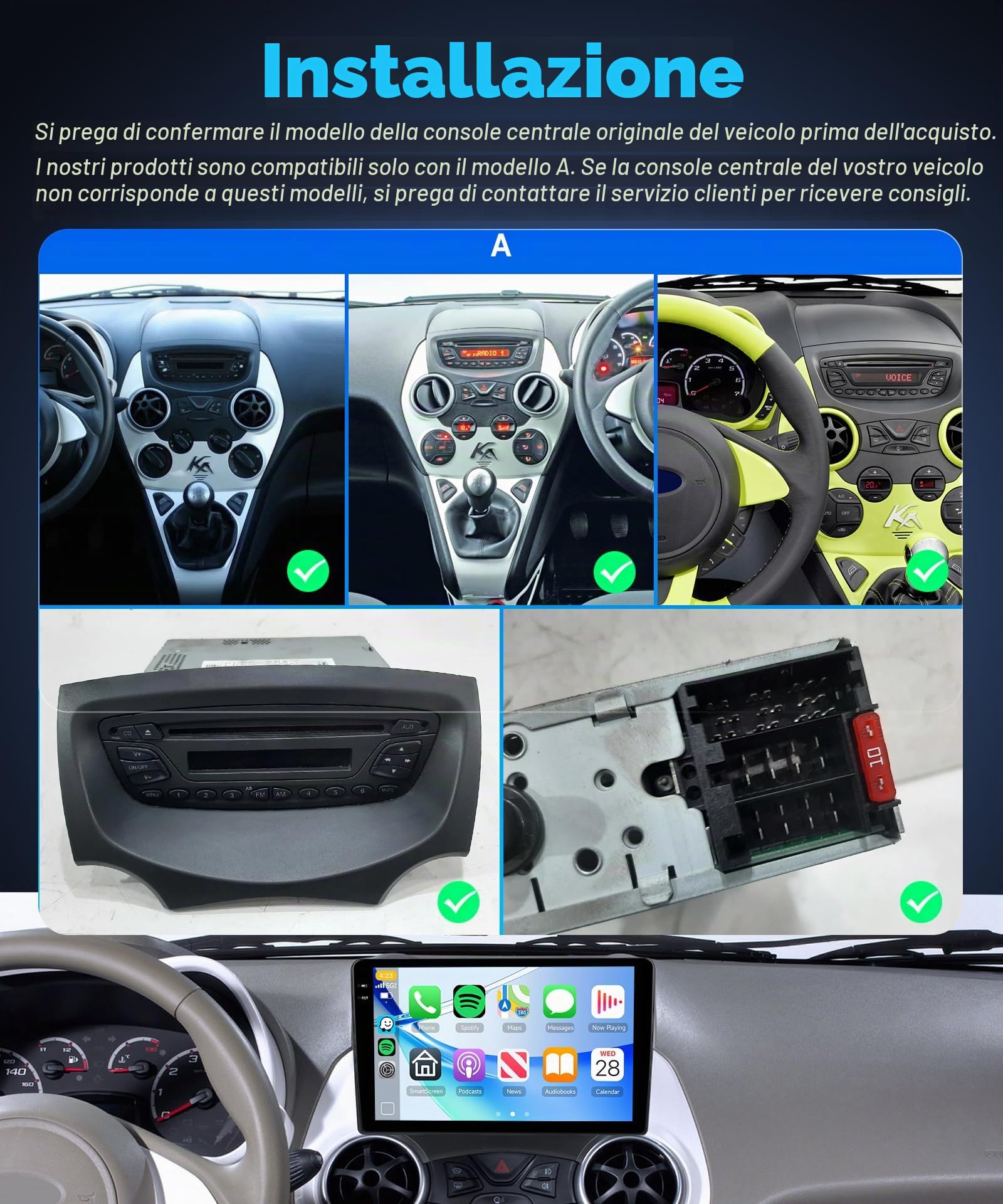 Rimoody 4G+128G Android Autoradio per Ford Ka 2008-2014 9" Schermo IN-CELL HD Touchscreen Radio Auto Carplay Android Auto Senza Fili FM/RDS/EQ WiFi Navi GPS Bluetooth Comandi al Volante Retrocamera