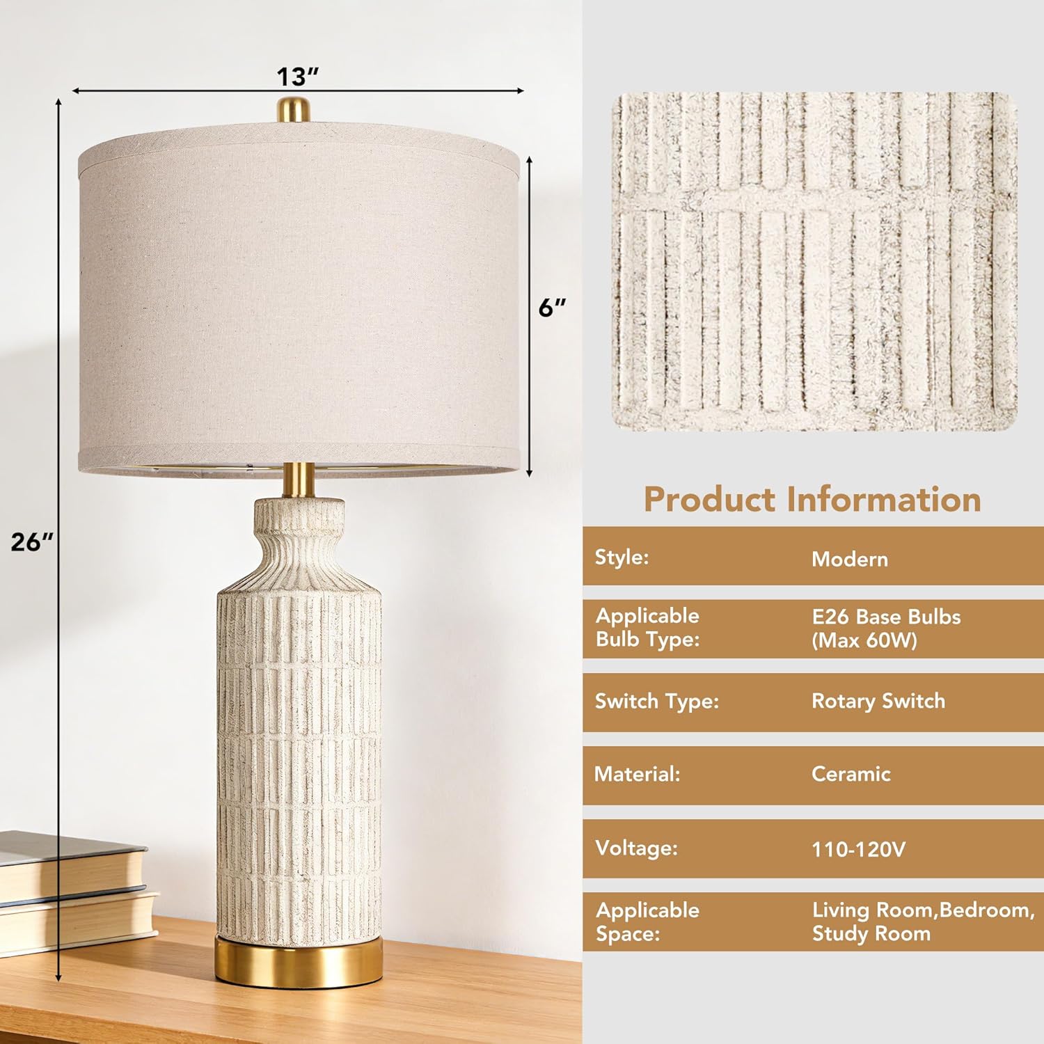 WIHTU Ceramic Table Lamps, 26'‘ Modern Table Lamps Set of 2, Nightstand Lamps for Bedroom, White Washed Desk Lamps, Bedside Lamps for Living Room, Gold Metal Base, Home Decorative, 2 Bulb Included