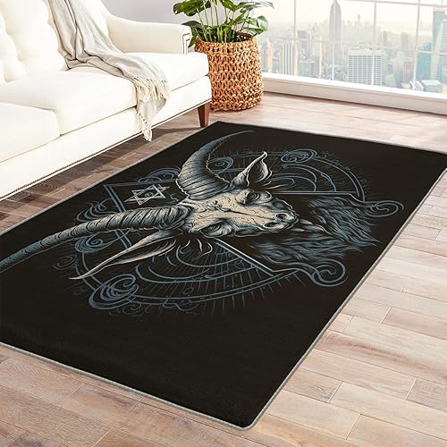 Alfombra satánica, alfombra de 4 x 6 pies, alfombra gótica de calavera de cabra para dormitorio, sala de estar, alfombra grande con patrón lavable,