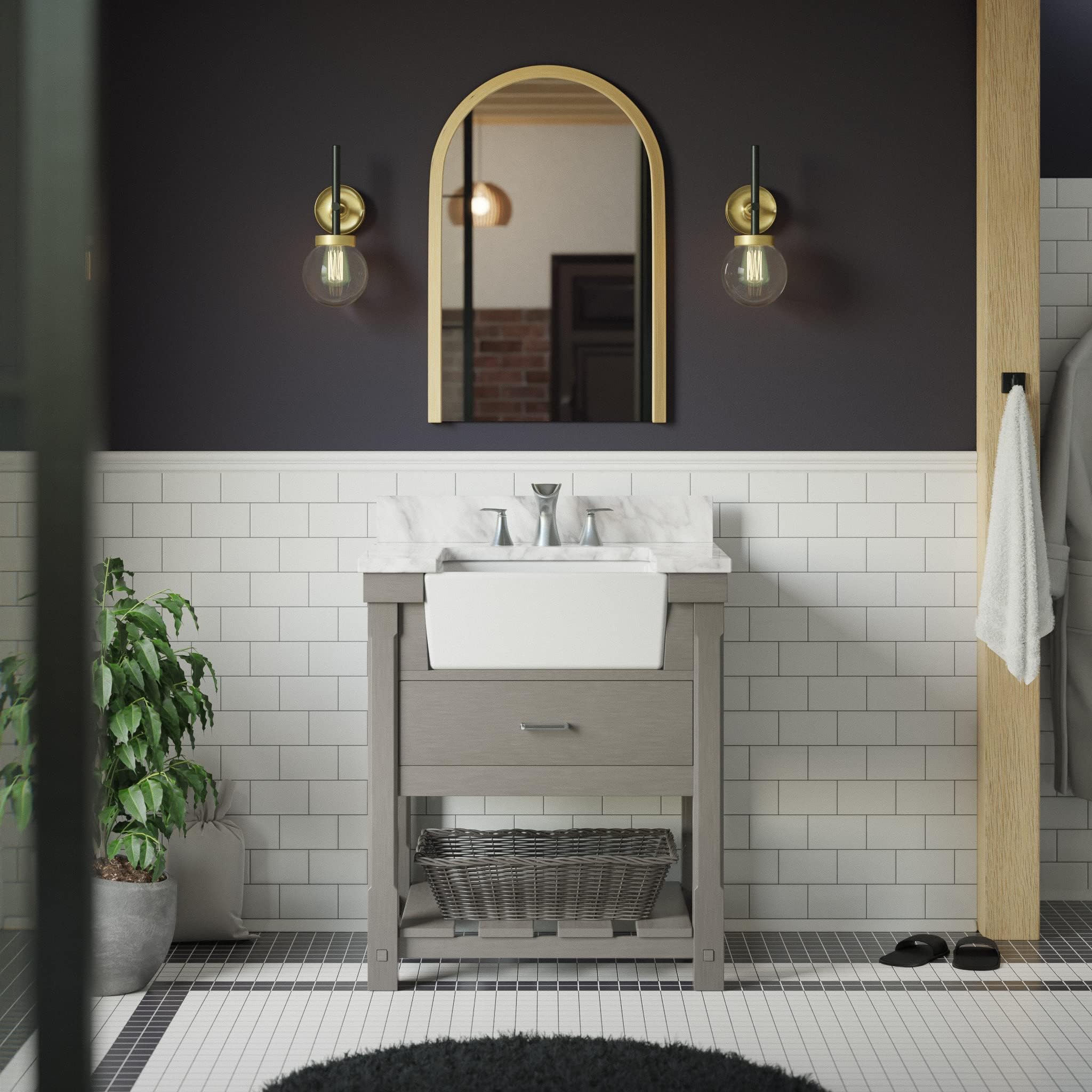 Charlotte 30-inch Bathroom Vanity (Carrara/Weathered Gray): Includes Weathered Gray Cabinet with Authentic Italian Carrara Marble Countertop and White Ceramic Farmhouse Apron Sink