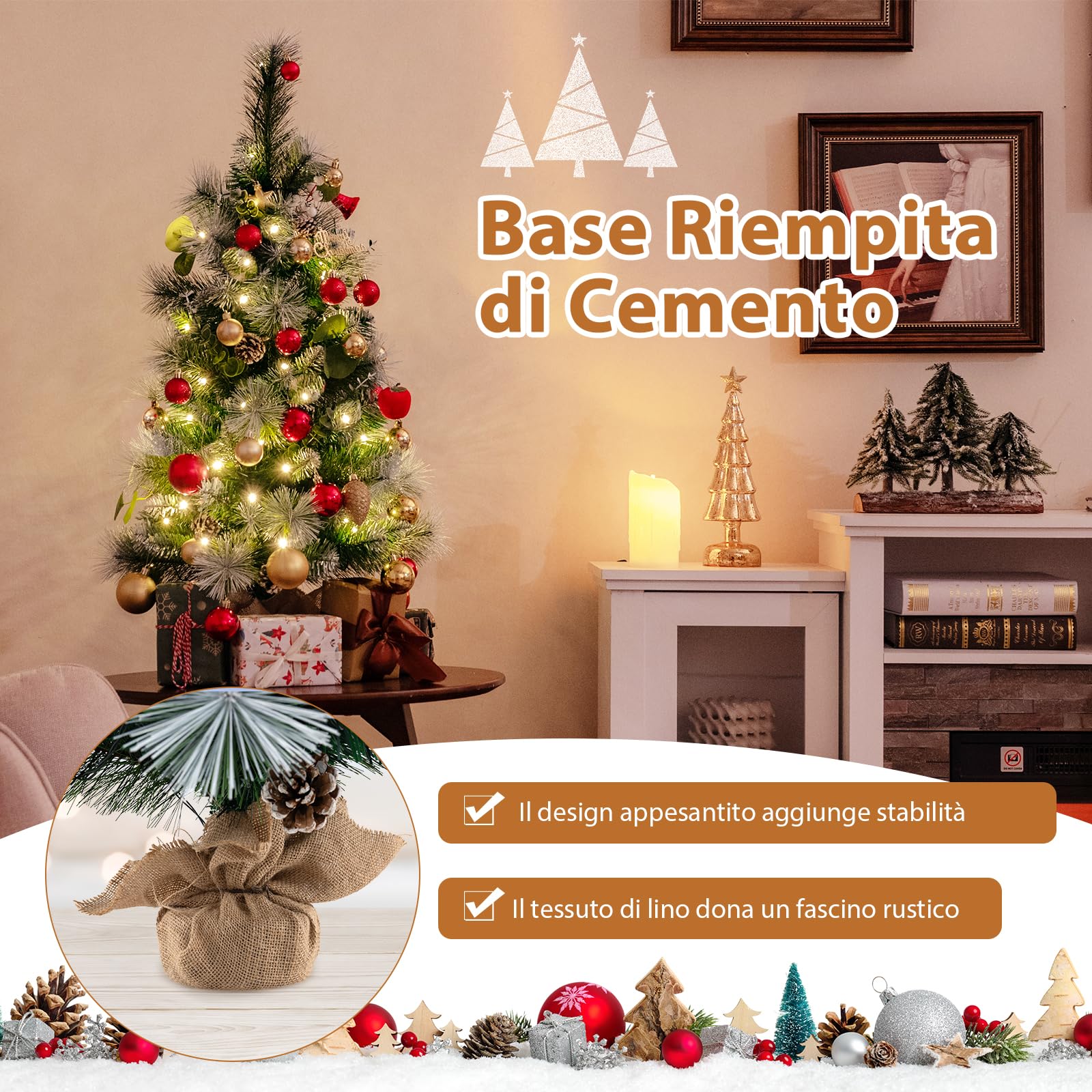 RELAX4LIFE Albero di Natale Innevato 90CM, Albero da Tavolo con 30 Luci LED Bianche Calde e 98 Foglie in PVC e Pino, Bacche e Pigne, 8 Modalità, Timer, Decorazione Natalizia per Casa e Negozio