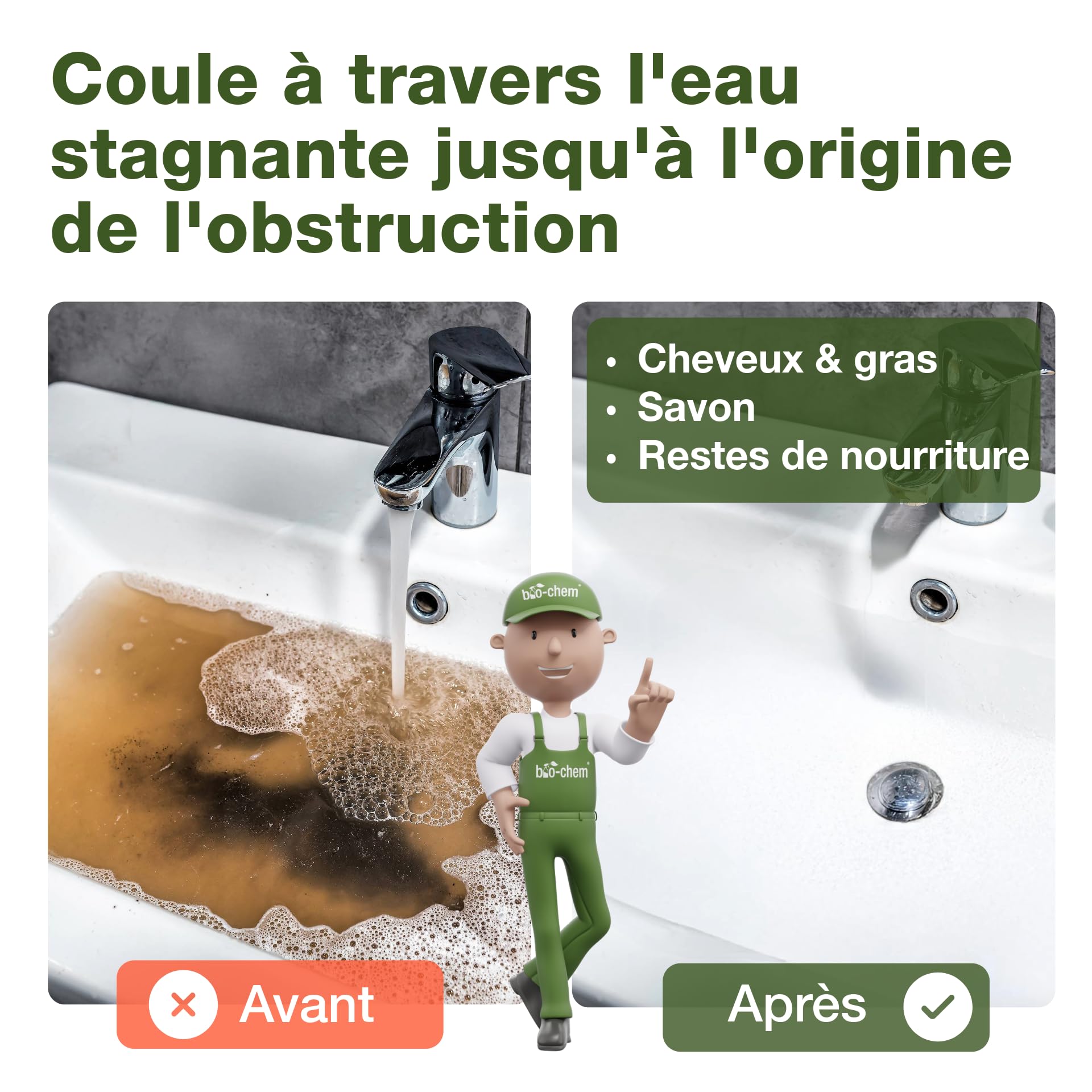 bio-chem Déboucheur de canalisations liquide professionnel 2L | Déboucheur spécial cheveux et résidus de savon, agit même en eau stagnante, concentré jusqu’à 20 utilisations