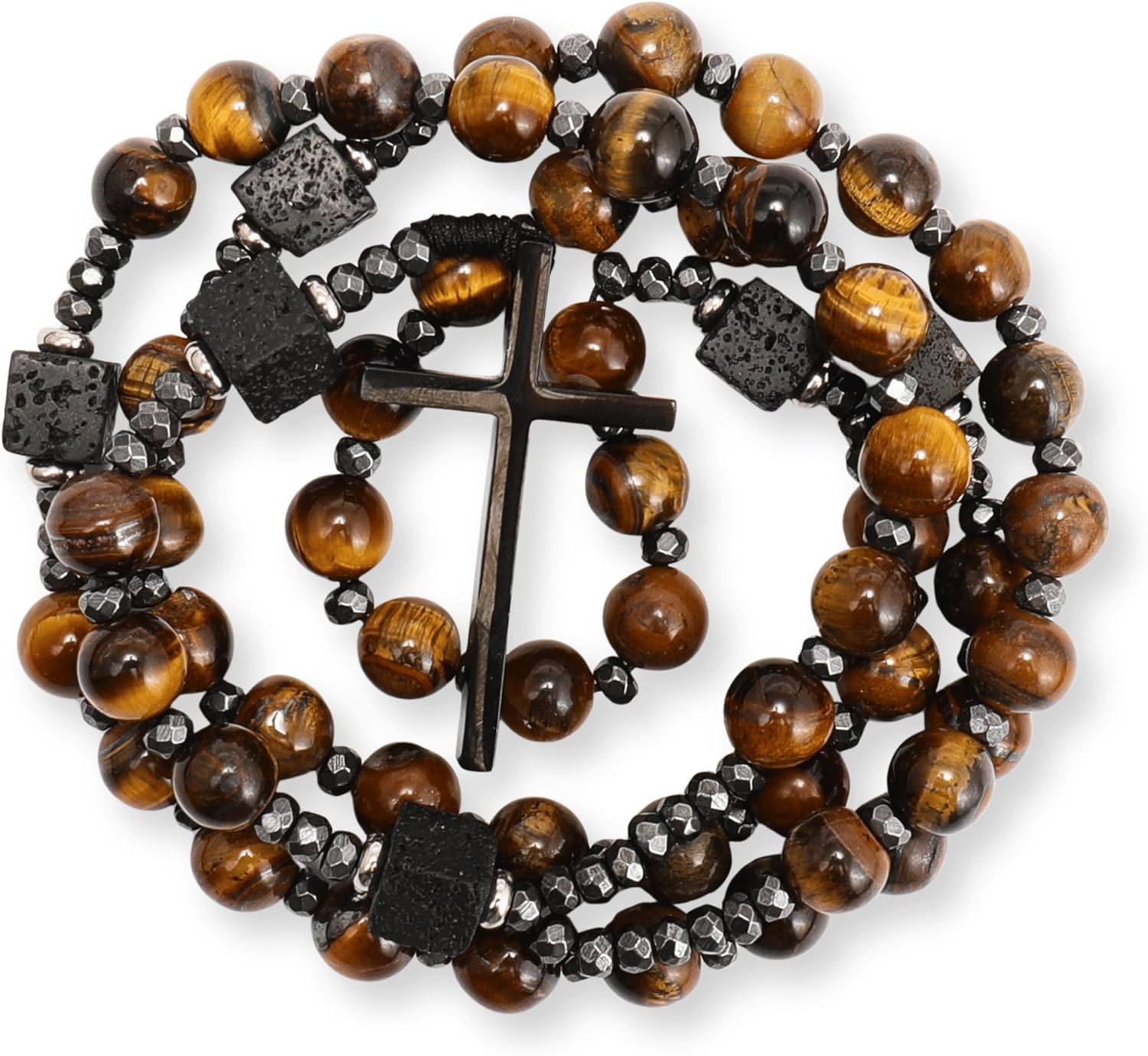 Nazareth Store Men's Rosary Necklace Black Onyx or Tiger Eye Beads with Black Alloy Cross, Catholic Christian Religious Jewelry, Gift for Him