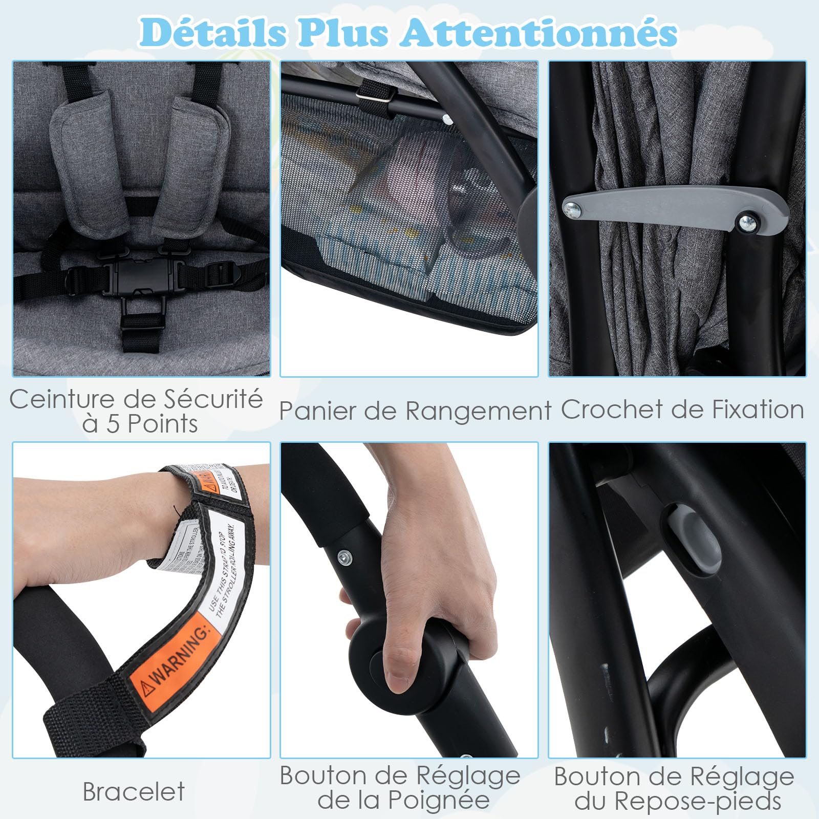 COSTWAY Poussette Tandem Double Pliable avec Auvent & Dossier Réglable, Poussette Landau Bébé avec Ceinture de Sécurité, Roues Verrouillables avec Freins, Pliable à une Main, Charge 30kg (Gris)
