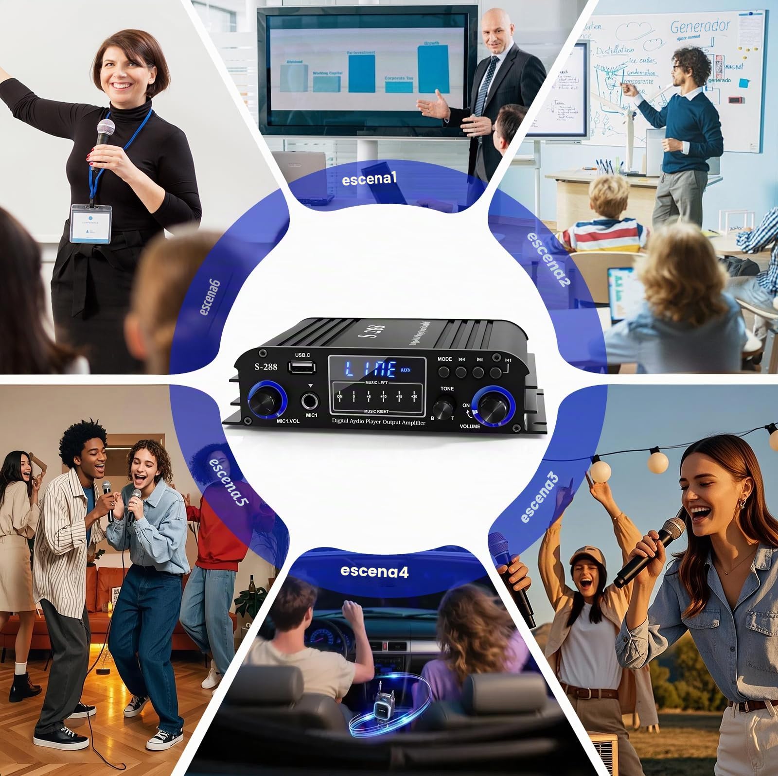 Amplificador de 4 canales, amplificador de potencia de audio de 1200 W, Bluetooth 5.0, 30 Wx4 con USB/micrófono/FM con mando a distancia, amplificador de altavoz integrado de alta fidelidad para casa