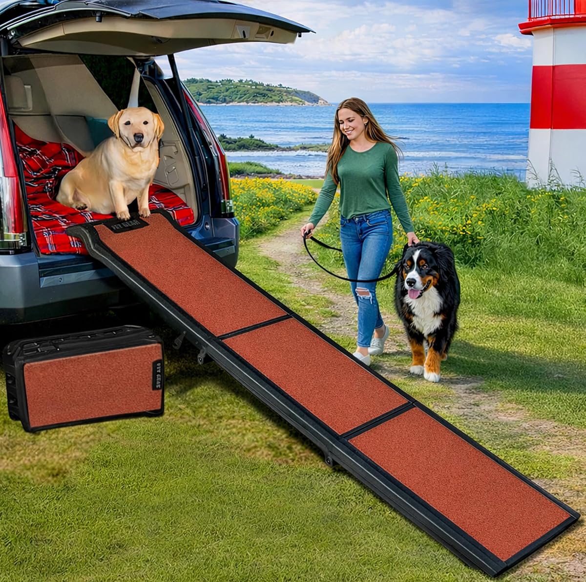 Travel Lite Ramps 71" L x 16" W for Dogs, Compact Easy-Fold, Lightweight and Portable, Built-in Carry Handle, Supports 150-200lbs, Toasted Almond
