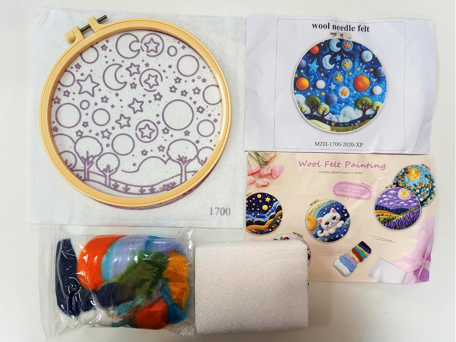 CaptainCrafts DIY Needle Felting Starter Kit with Picture Hoop, Foam Pad, Felt Cloth, Instructions for Home Decoration, Beginner Art Craft (Starry Sky Moon Planet)