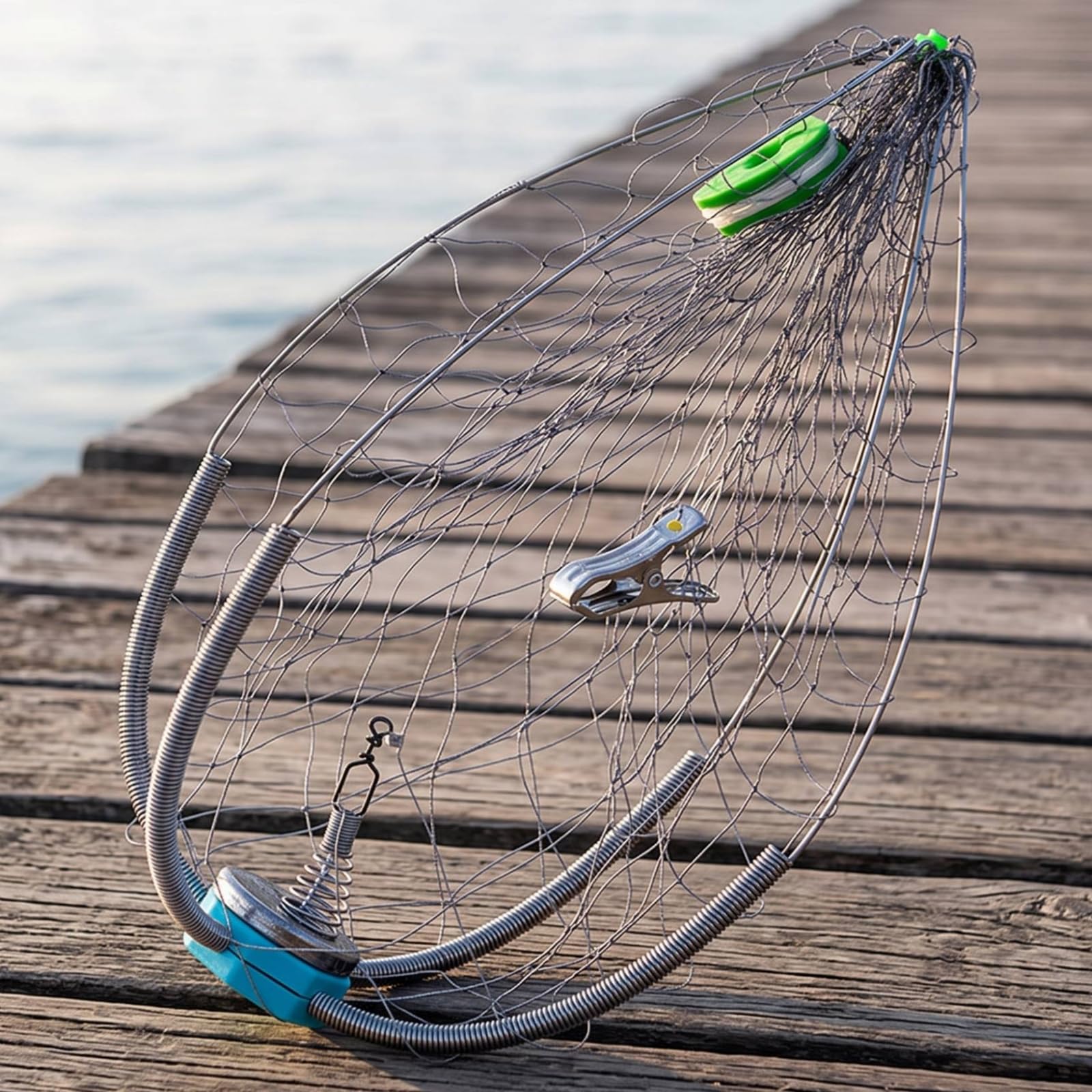 Rete da Pesca Pieghevole Robusta | Telaio in Acciaio Inossidabile Antiruggine, trappola per Granchi con Base Zavorrata, Compatta, Rete da Pesca con Clip