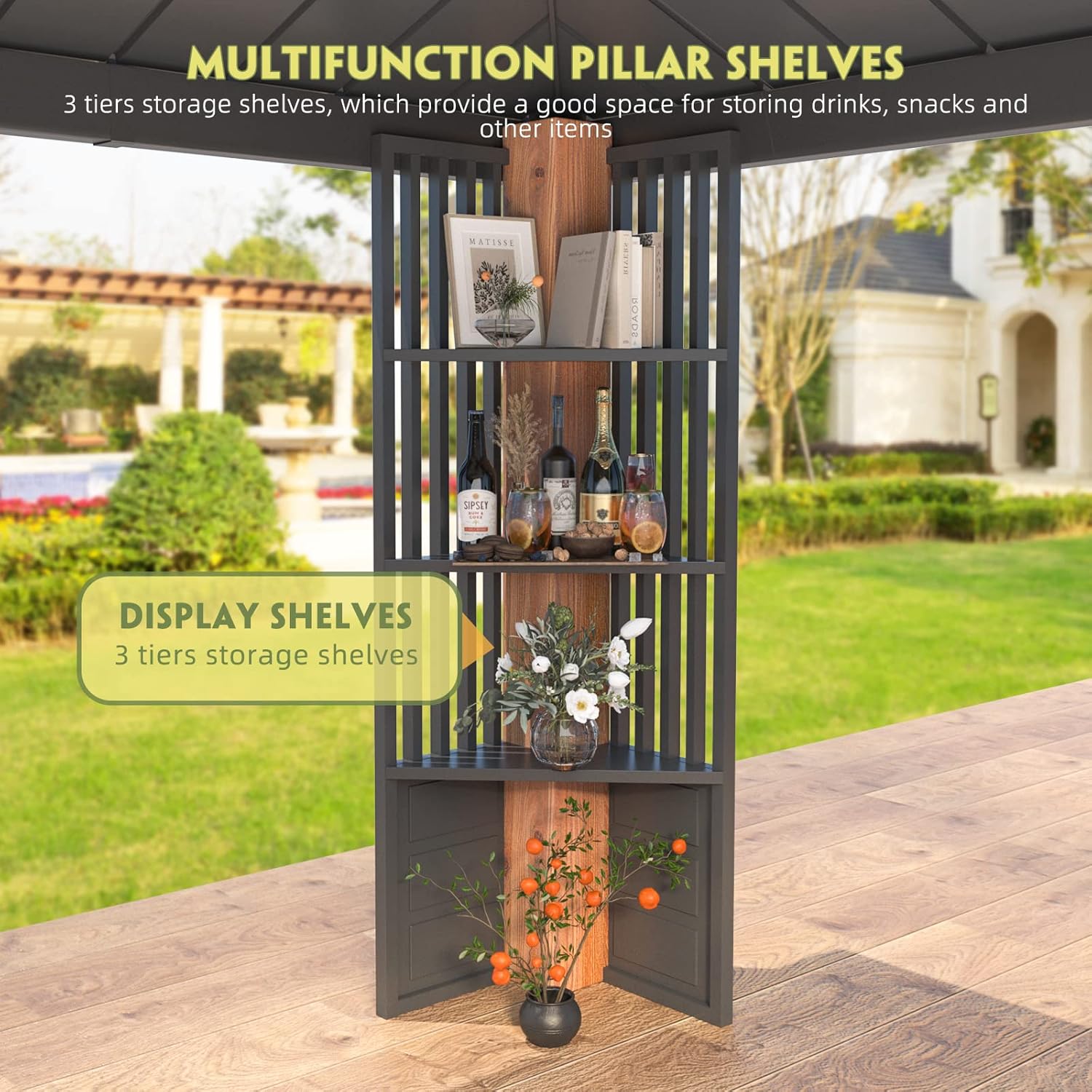 Close-up of the multifunction pillar shelves