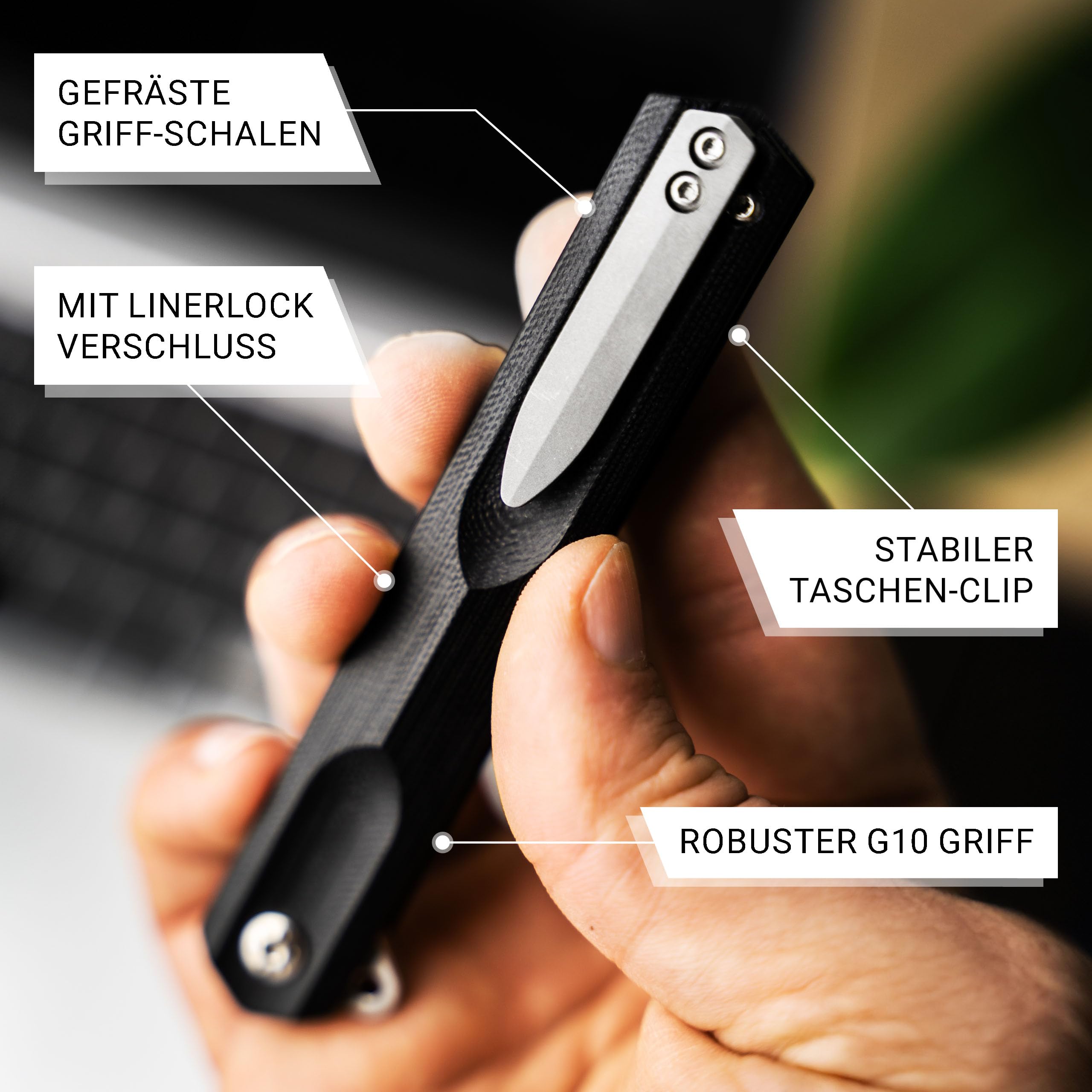 BÖKER PLUS® Kyoto - klappbares Gentleman Taschenmesser mit Clip - Flipper Einhandmesser mit D2 Droppoint Klinge - schmales Klappmesser mit G10 Griff schwarz im Japan Stil mit Etui