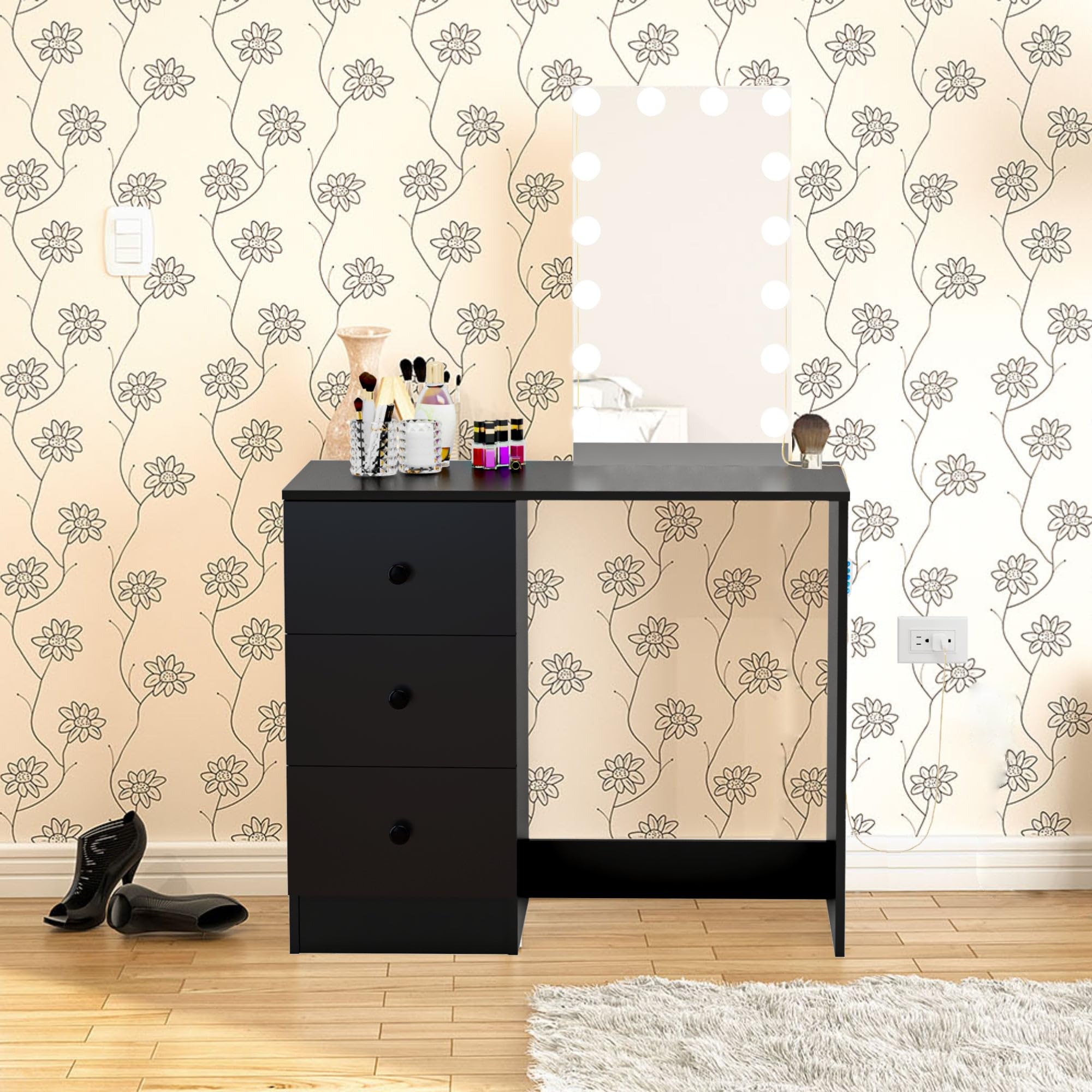 Boahaus Iris Modern Vanity Desk with Mirror and Lights Add-On, Basic Knobs, Elegant Black Finish Makeup Table, Stylish Vanity Desk with Drawers for Bedroom