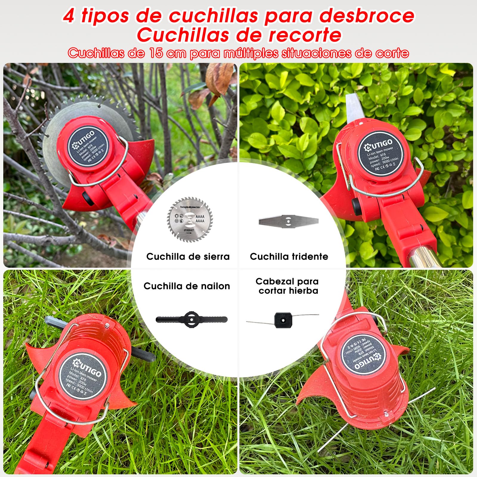 OUTIGO Desbrozadora a batería, desbrozadora eléctrica a batería, Equipada con 2 baterías y 4 Cuchillas, cortacésped Plegable de 800 W, Adecuado para Cortar el césped de Jardines y arbustos