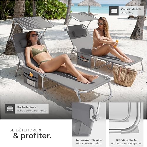 tectake® Set of 2 Folding Sun Loungers - Adjustable 4-Position Backrest with Sun Canopy & Removable Head Cushion, Patio & Garden Chairs with Water-Resistant Cover, Steel Frame & Side Pocket - Grey - 4