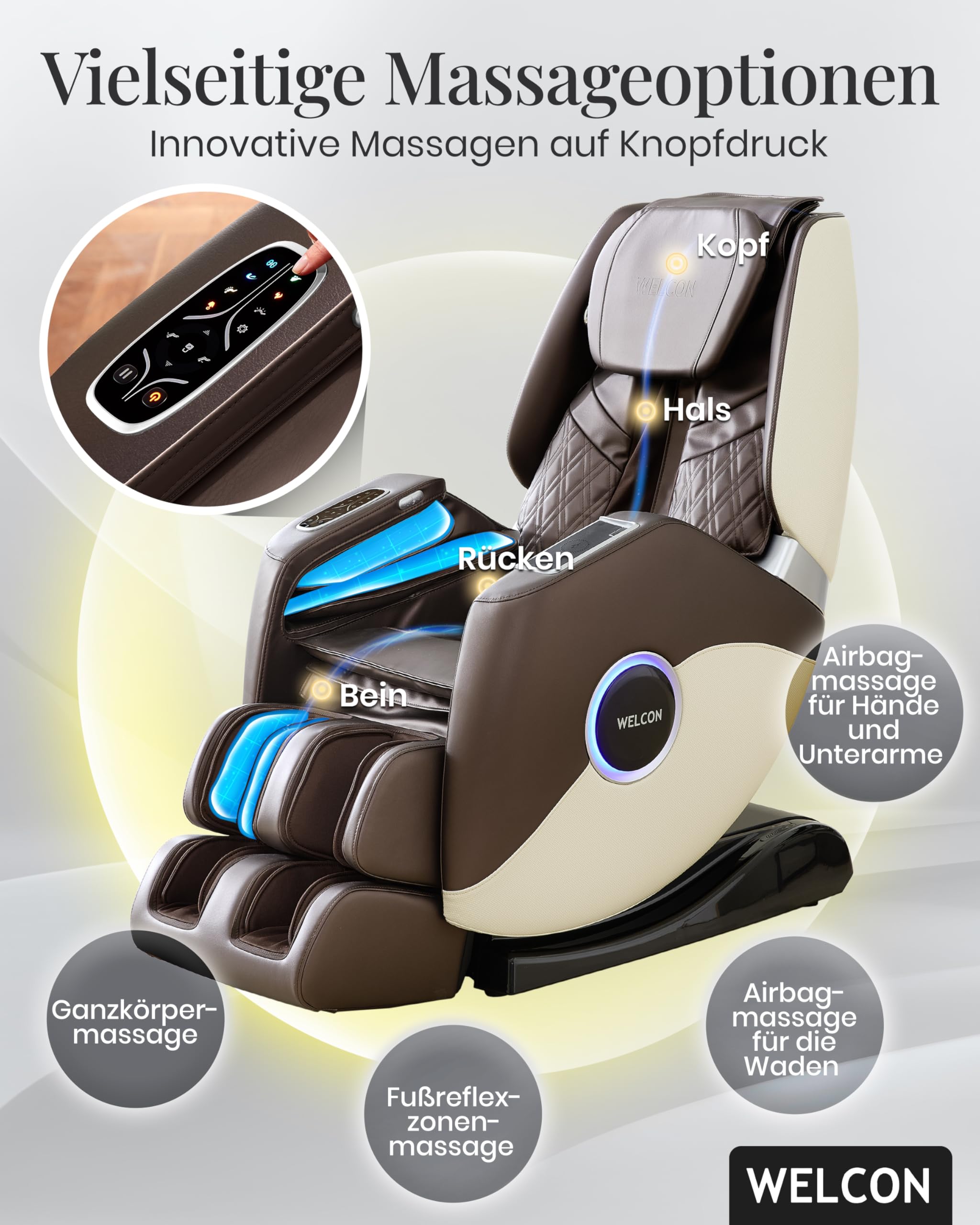 WELCON EASYRELAXX Plus 4D Massagesessel elektrisch Beige-Braun – Zero Gravity Relaxsessel mit Wärmefunktion, induktivem Laden & Ganzkörpermassage