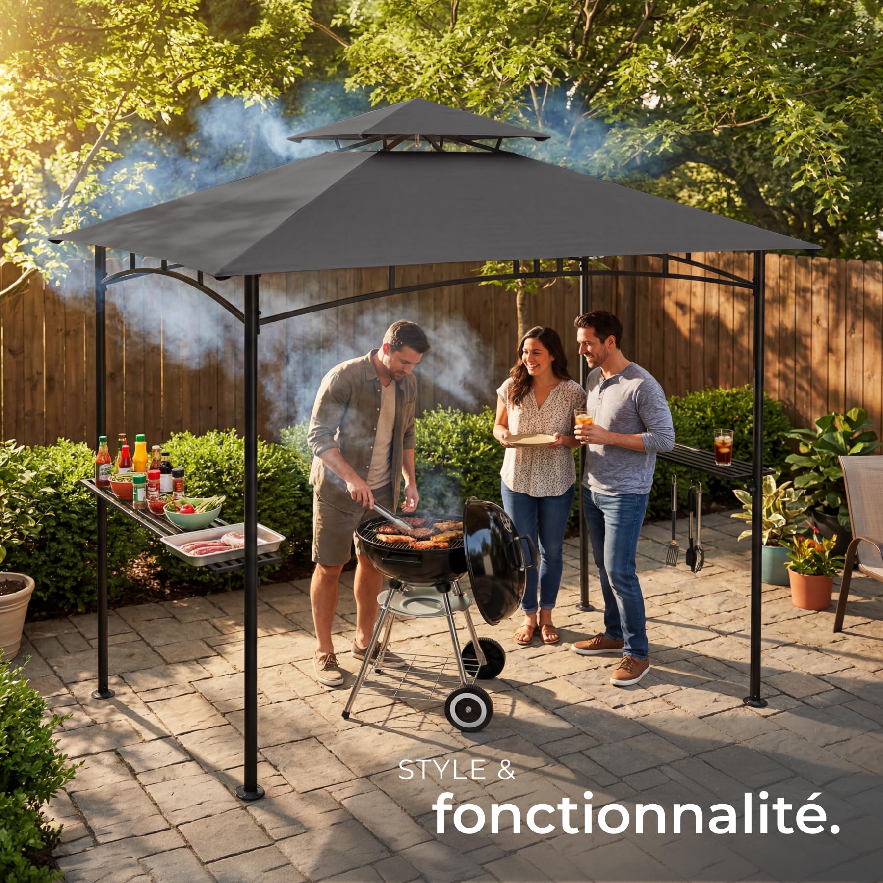 tectake® Abri de Jardin pour Barbecue Charbon, Barbecue Electrique, Plancha, Cuisine exterieure, 240x150x250 cm, Abri Barbecue Toile étanche, Protection UV, Double toiture, Résistant aux intempéries