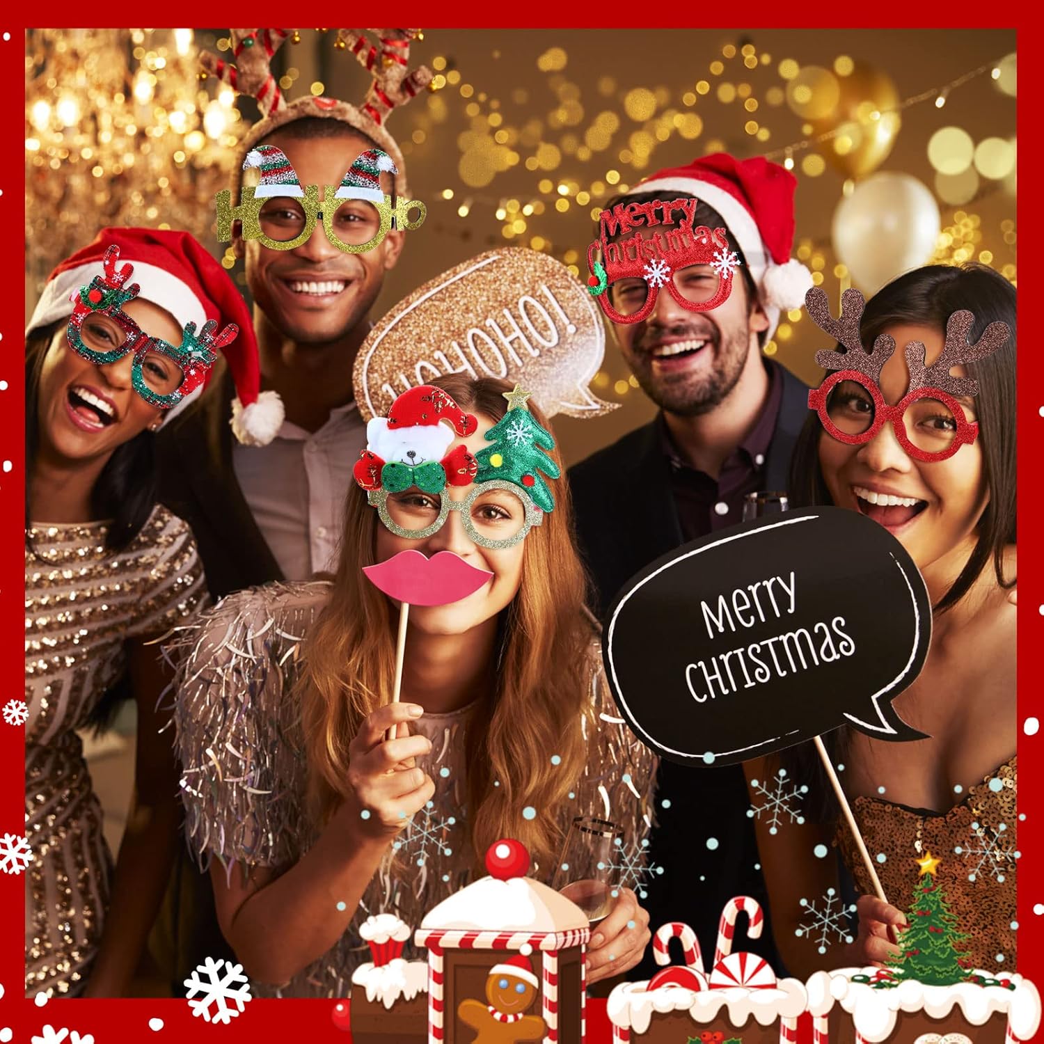 Jerify 48 Pcs Christmas Glasses Glitter Frames Decoration Costume Eyeglasses Santa Snowman Glasses Christmas Party Gifts for Adults Kids Party Holiday Favors