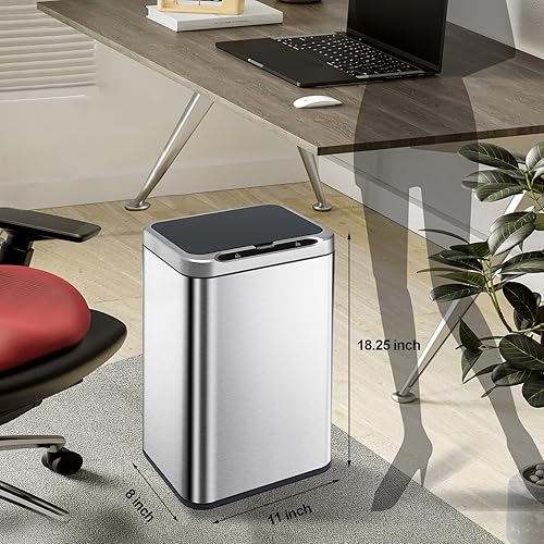 Miniatura 2 de ELPHECO Basurero de acero inoxidable para oficina, con sensor de movimiento, sin contacto, cubo de basura inteligente automático para cocina,