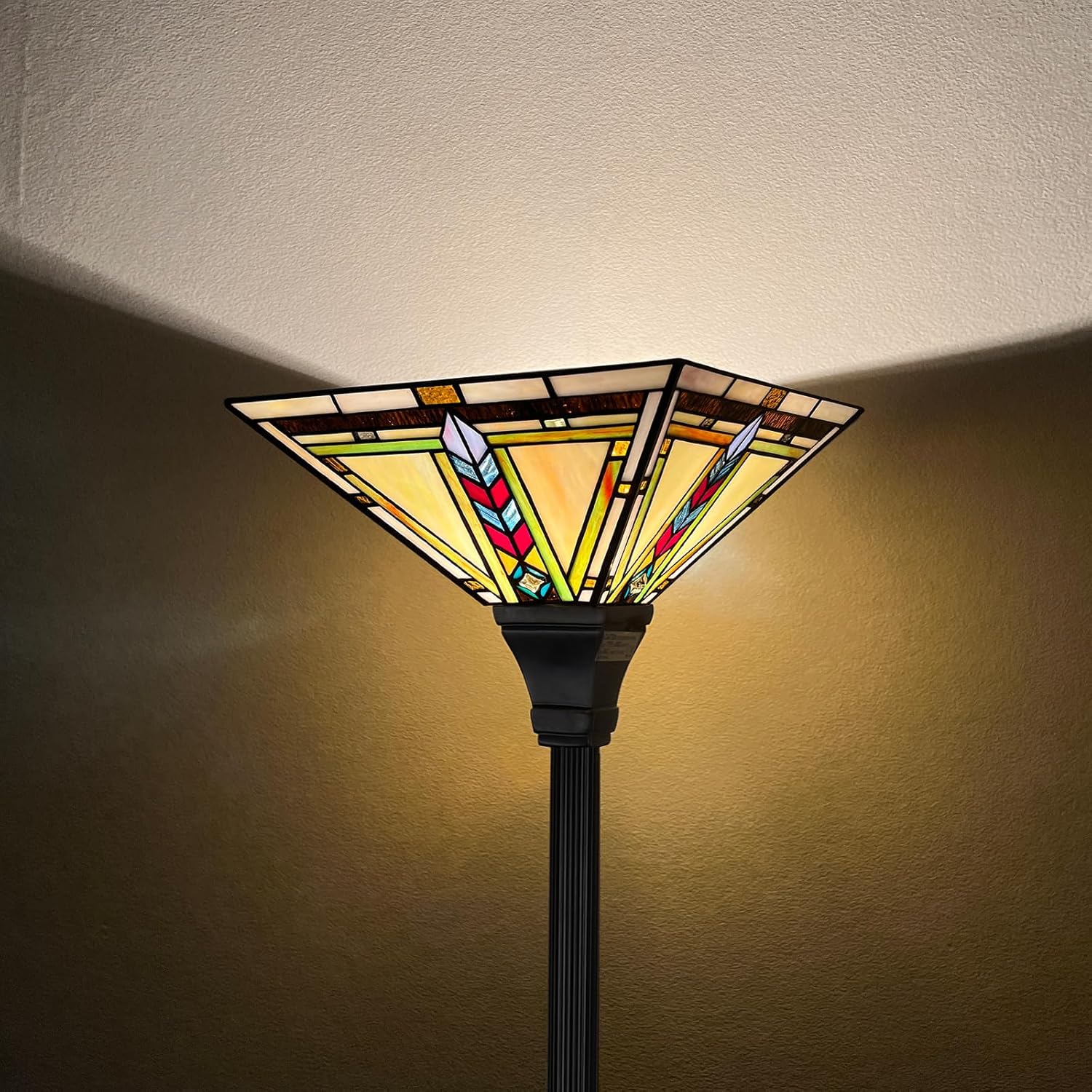 Capulina Tiffany Lamp Stained Glass Torchiere Floor Lamp,70 Inches Tall Industrial Bronze Pole Firecracker Mission Tiffany Style Torch Standing Lamp for Living Room Bedroom Home Office