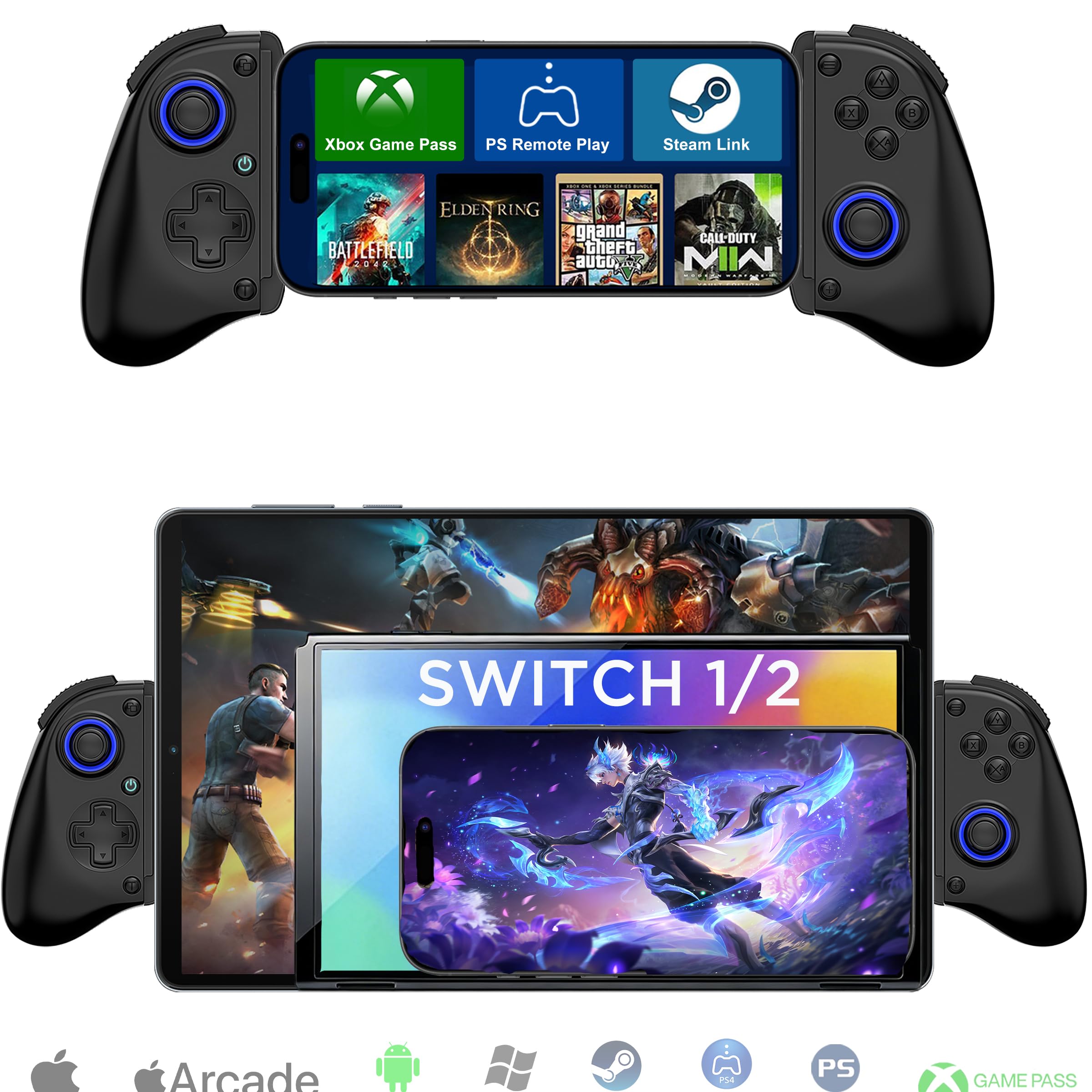 Megadream Mobiler Gaming-Controller für iPhone/iPad/Android/Tablet, Kabelloser Android-Gamepad mit Hall-Trigger/Makro/Turbo, für Xbox/PS5/PS4/PC (Schwarz)