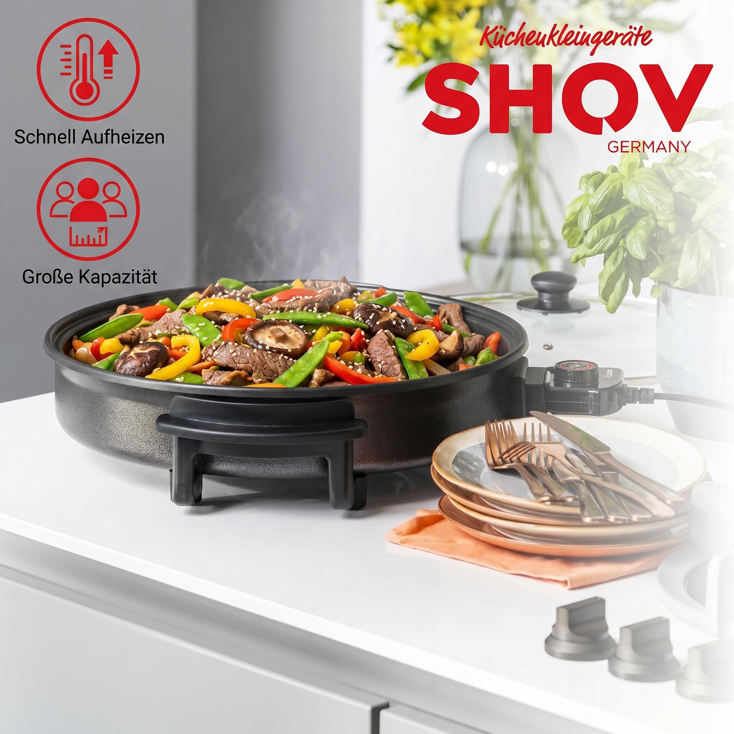 Shov Poêle à pizza électrique et cocotte multifonction, taille XL, 48 cm de diamètre, 7 cm de profondeur, avec revêtement antiadhésif et couvercle en verre, 1500 W, thermostat réglable pour pizza